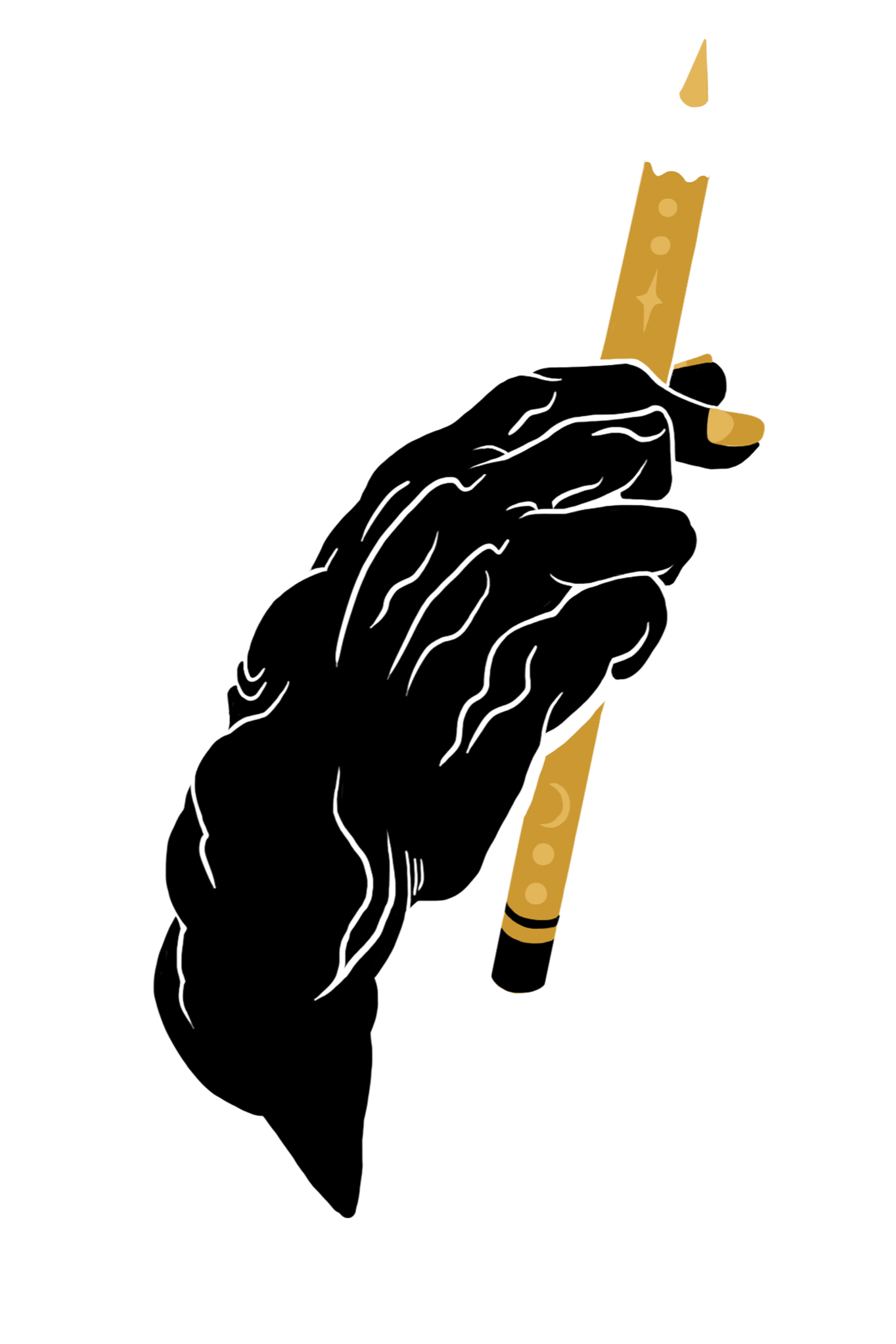 A black-and-white illustration of a hand holding a matchstick with a striped, red, white, and gold head, positioned in front of a partially visible rectangular object with red, white, and gold coloring.