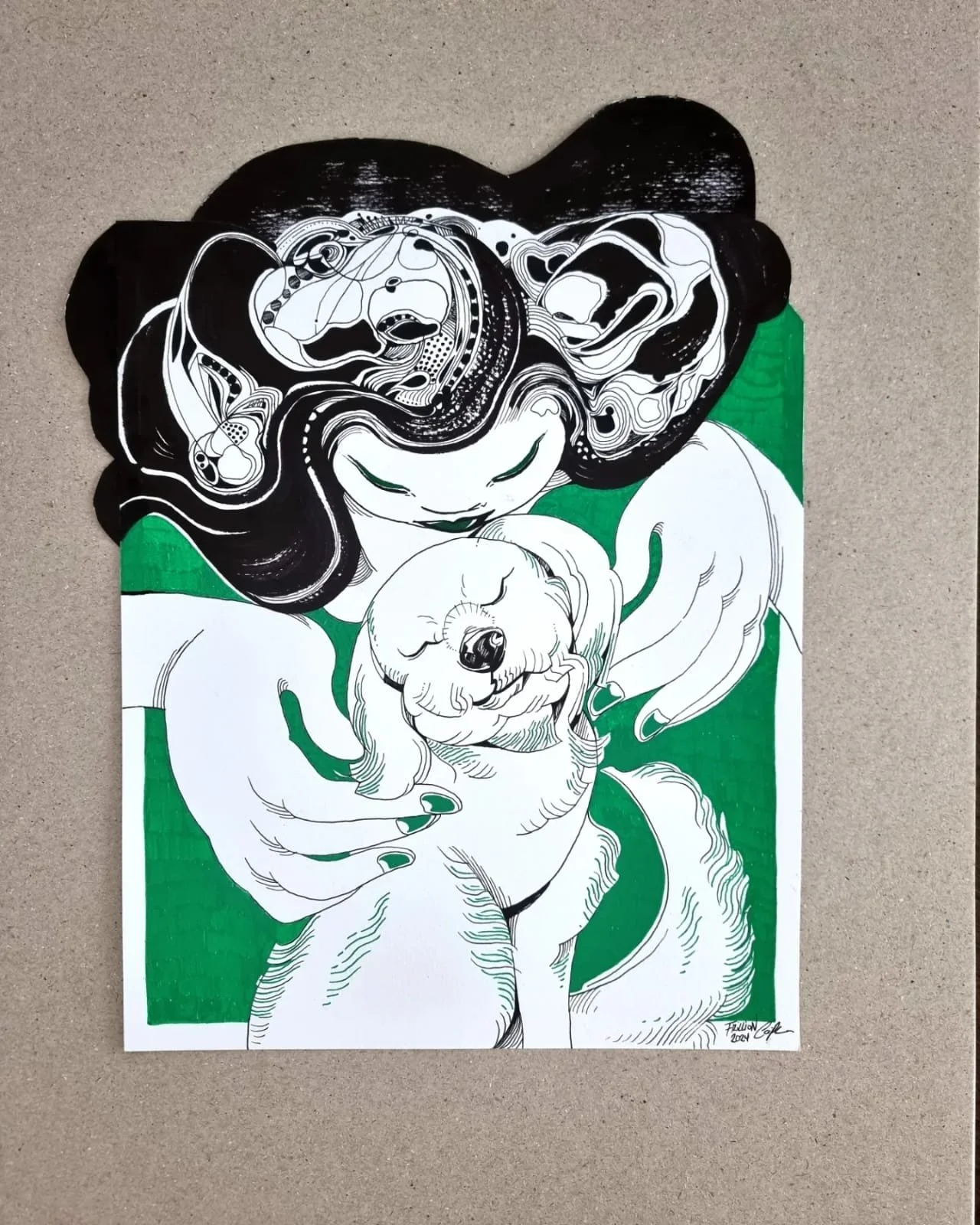 A black and white illustration of a woman and a dog. The woman has long, flowing hair and is holding the dog close, both with serene expressions. The background is green with a white border.