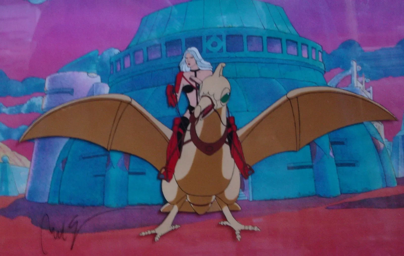 Animated image of a white-haired woman riding a winged creature with a castle in the background and pink sky.