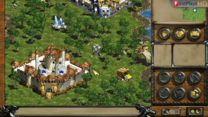 A scene from a real-time strategy video game featuring a castle surrounded by forest, with game controls visible on the right side of the screen.