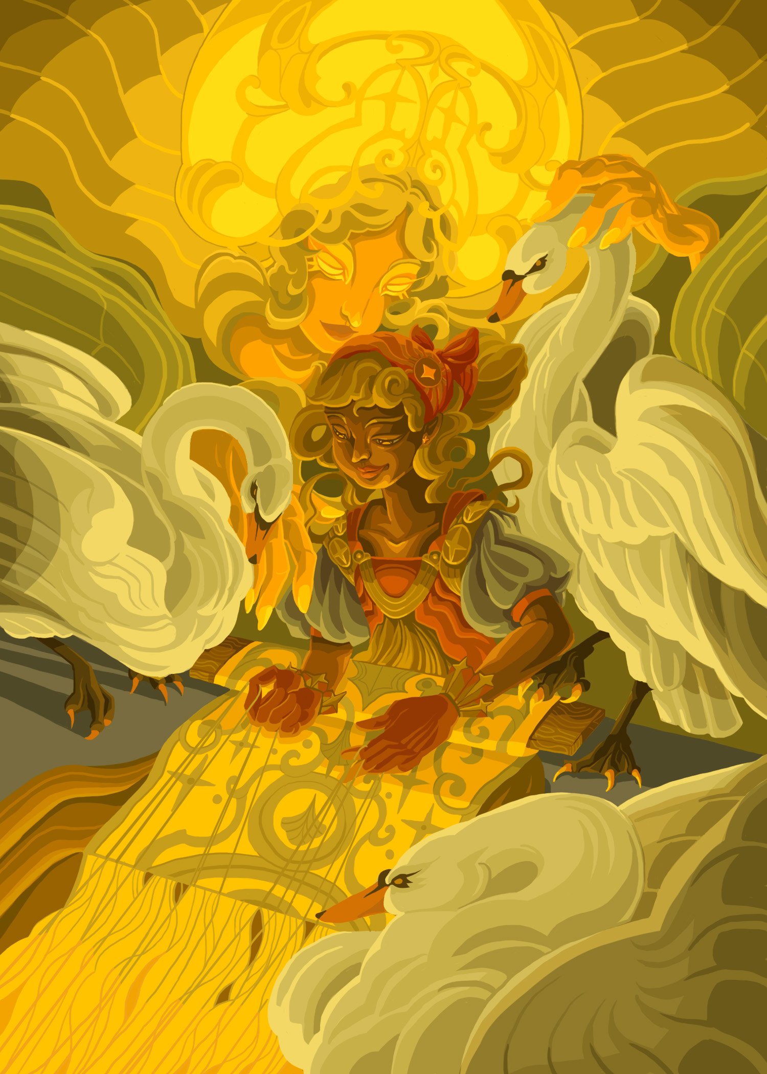 Digital artwork depicting a fantasy scene with a female figure surrounded by swirling clouds, a large luminous sun, a white swan, and two white geese, all rendered in shades of gold, brown, and yellow.