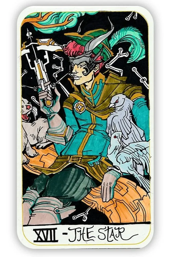 A tarot card titled "The Star" with the number XVII. It features a figure with horns, pink hair, and a blue and gold outfit, holding a gun in one hand. Accompanying the figure are a cat, a dove, and a fish, with a dark background and star-like symbols.