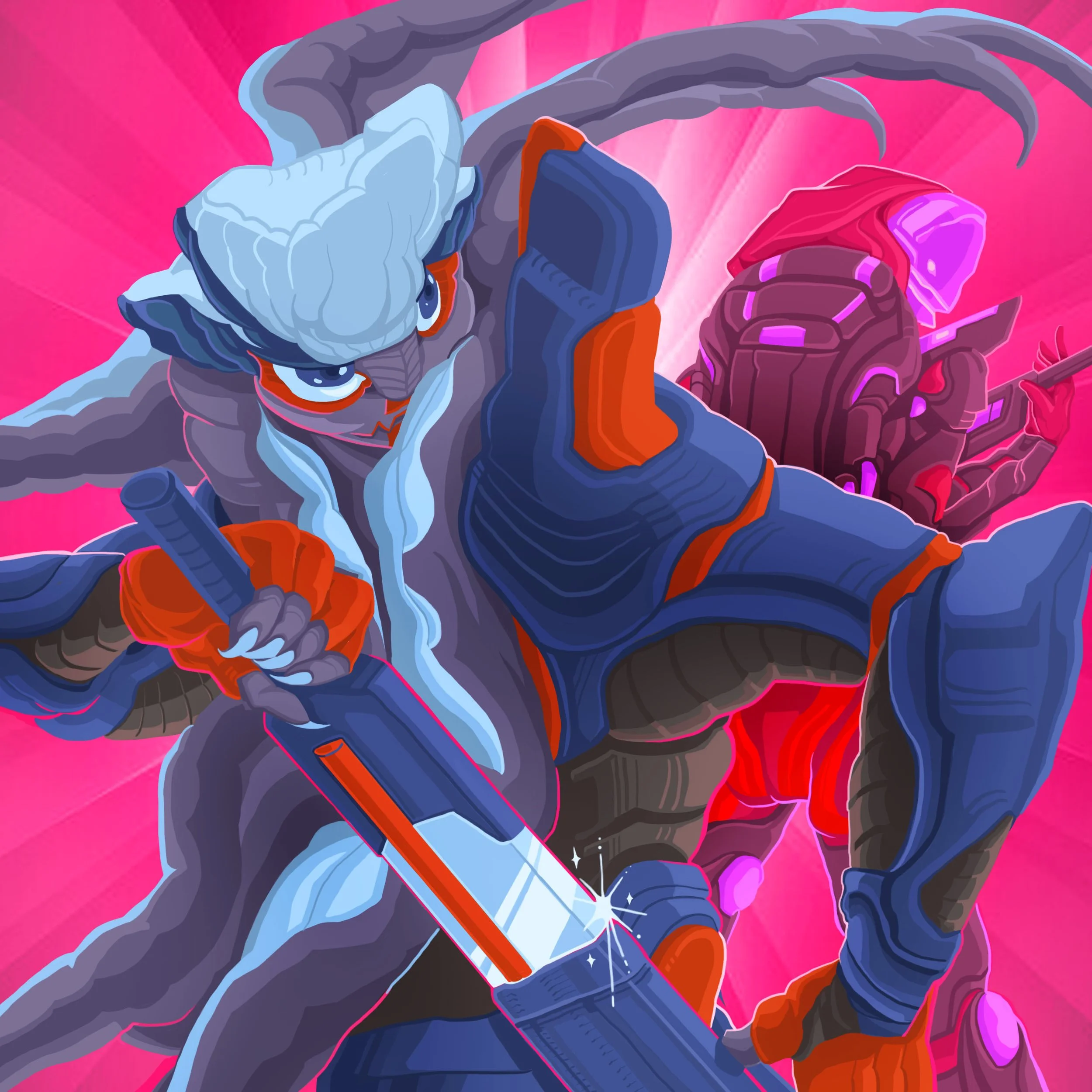 Illustration of a character wielding a sword with a pink background, wearing a hoodie and gloves, with stylized angular and vibrant art style.