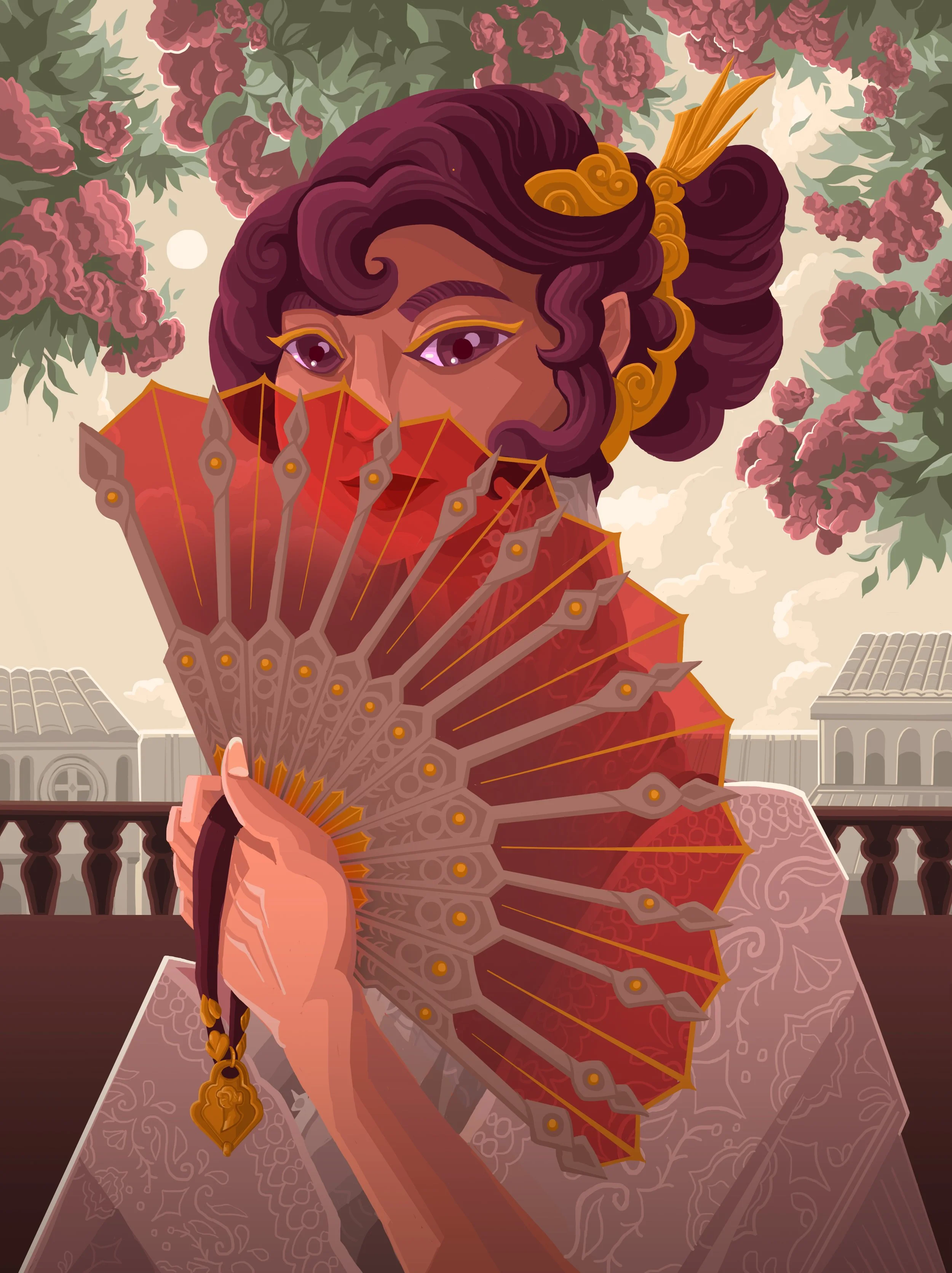 A woman with ornate dark purple hair, golden jewelry, and eyeliner, holding a red decorative fan partially covering her face, standing in front of a background with pink flowers, a moon, and classical architecture.