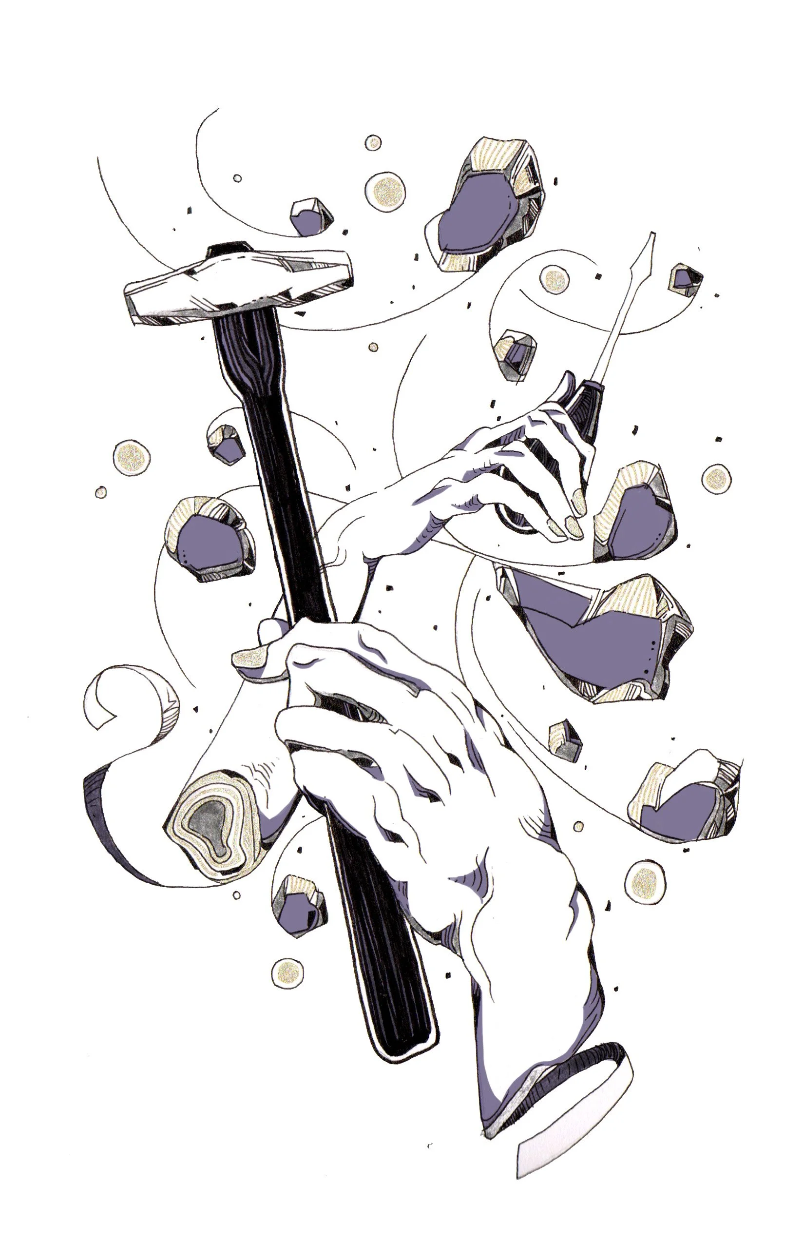 A detailed black and white illustration of a hand holding a knife, with rocks and circular particles floating around it.
