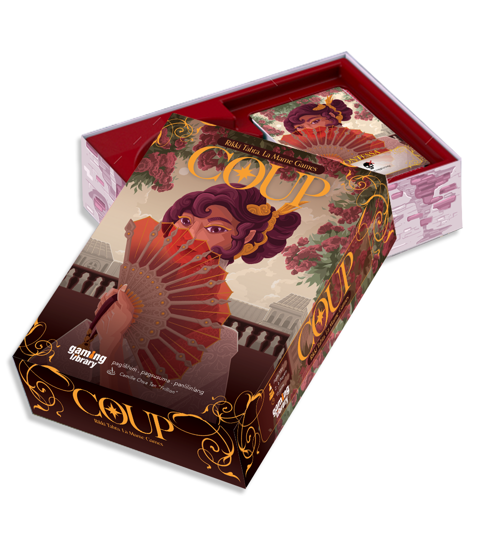 Board game titled "Coup" with an illustrated woman holding a fan, with pink flowers and architecture in the background, in a decorative box.
