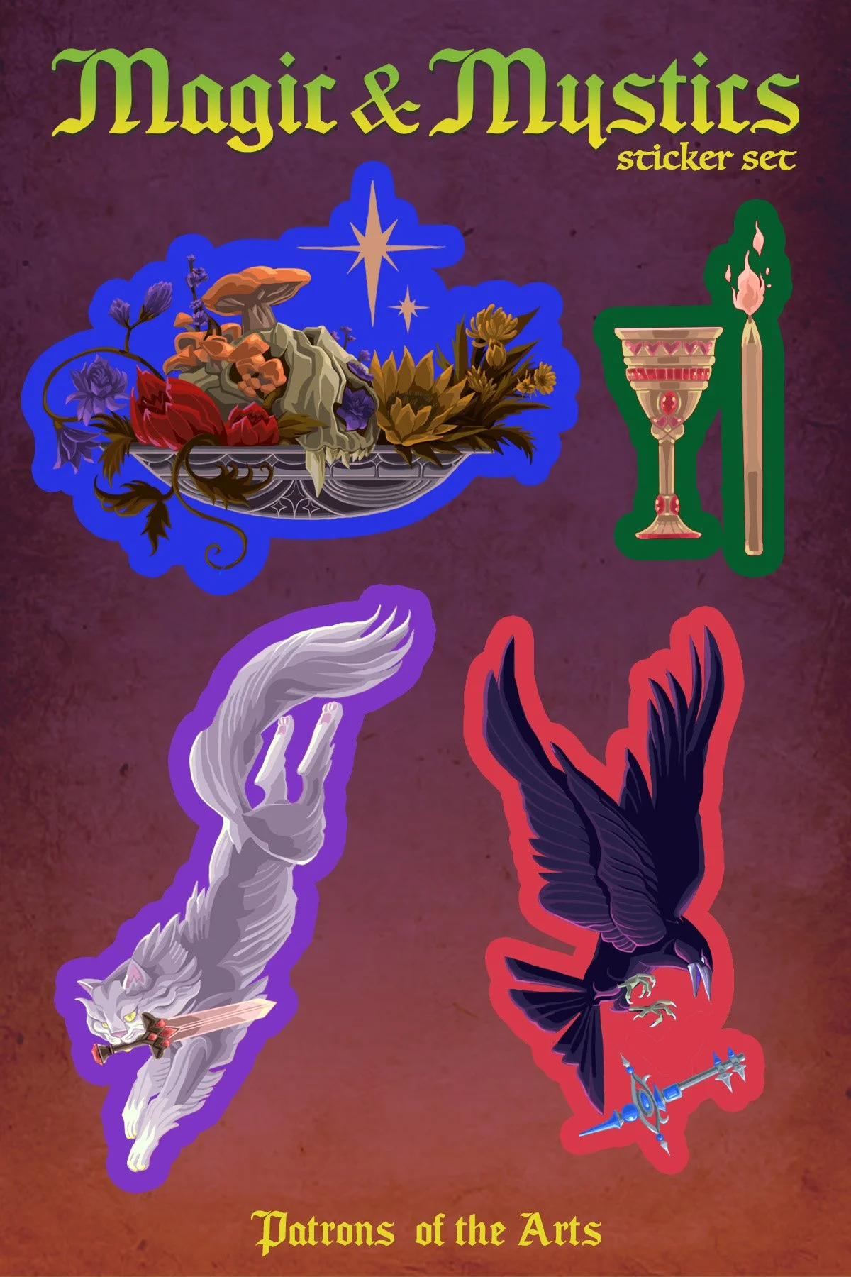 A poster for 'Magic & Mystics sticker set' featuring various fantasy-themed stickers, including a basket of enchanted mushrooms and flowers, a white wolf with a sword, a black crow with a sword, and a chalice with a candle, set against a purple background with stylized text.