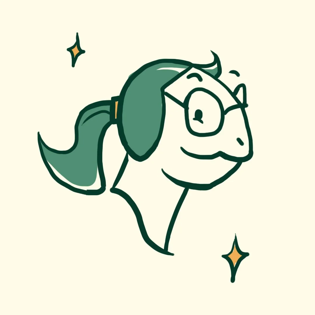 Cartoon of a horse with glasses, with stars around it.
