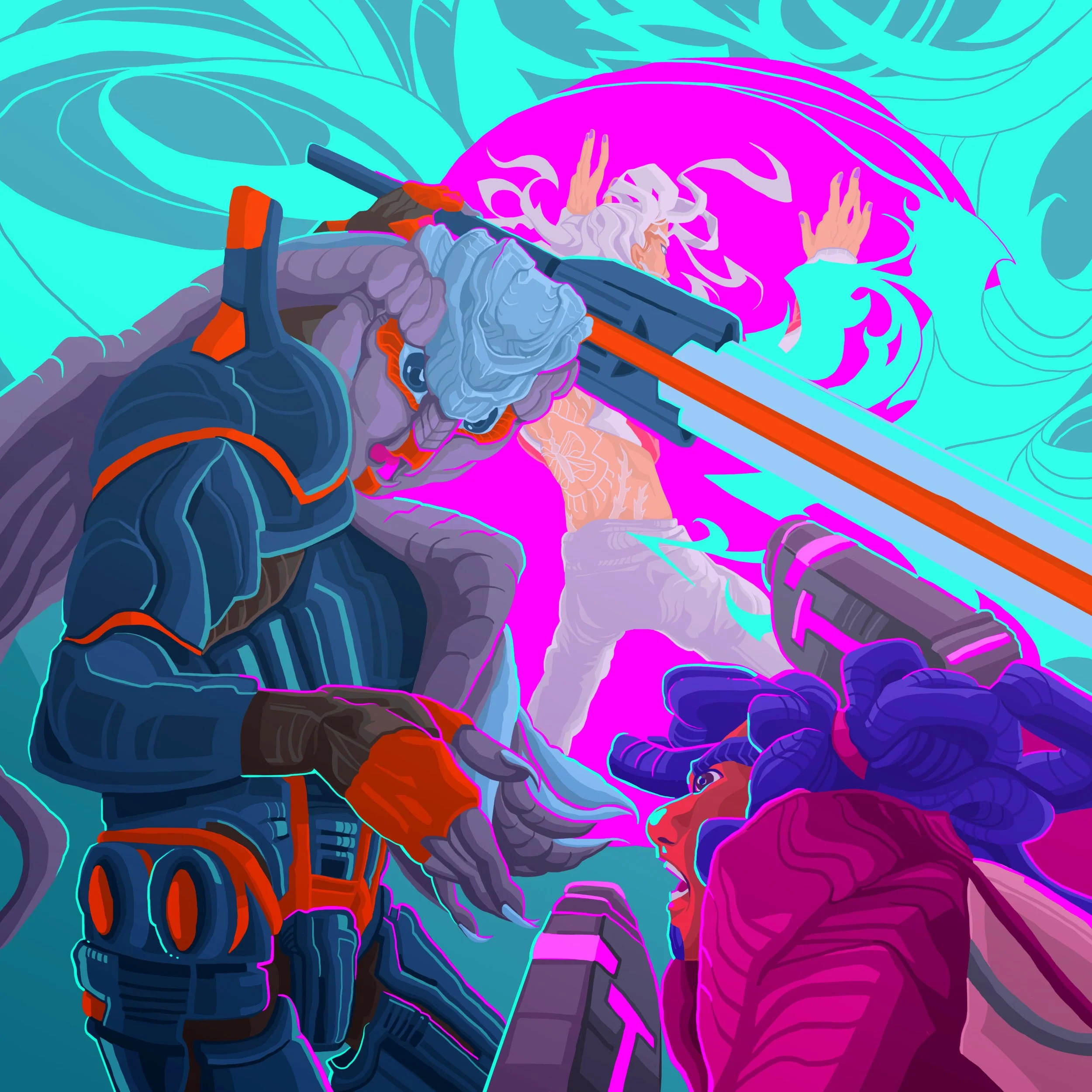 Digital illustration of a futuristic scene with a woman in a spacesuit aiming a laser weapon at a large, pink, stylized face with swirling hair. The background has abstract, swirling patterns in vibrant shades of teal and purple.