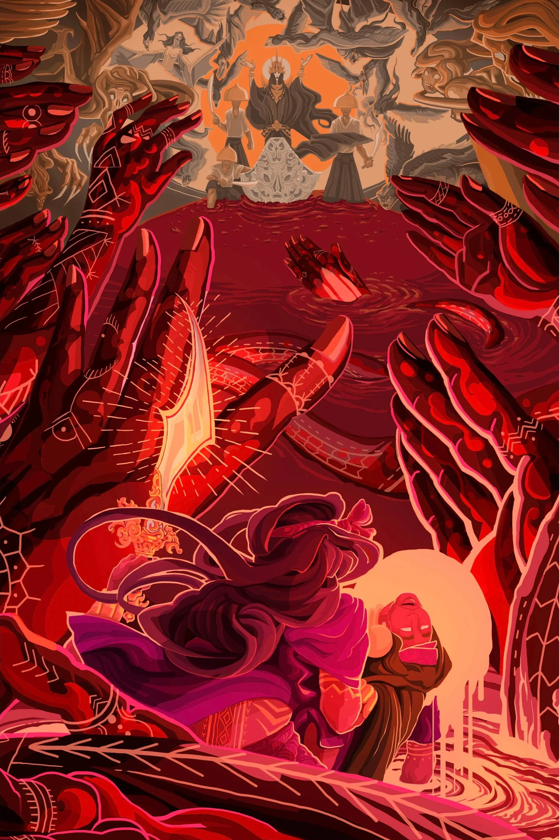 A surreal digital illustration features dark red and pink hands with white glowing geometric patterns reaching toward a figure in a flowing white dress with a crown, standing on a red landscape. In the background, celestial and mythological beings, including winged creatures and human figures, are depicted among swirling clouds and abstract shapes, creating a mystical and dramatic atmosphere.