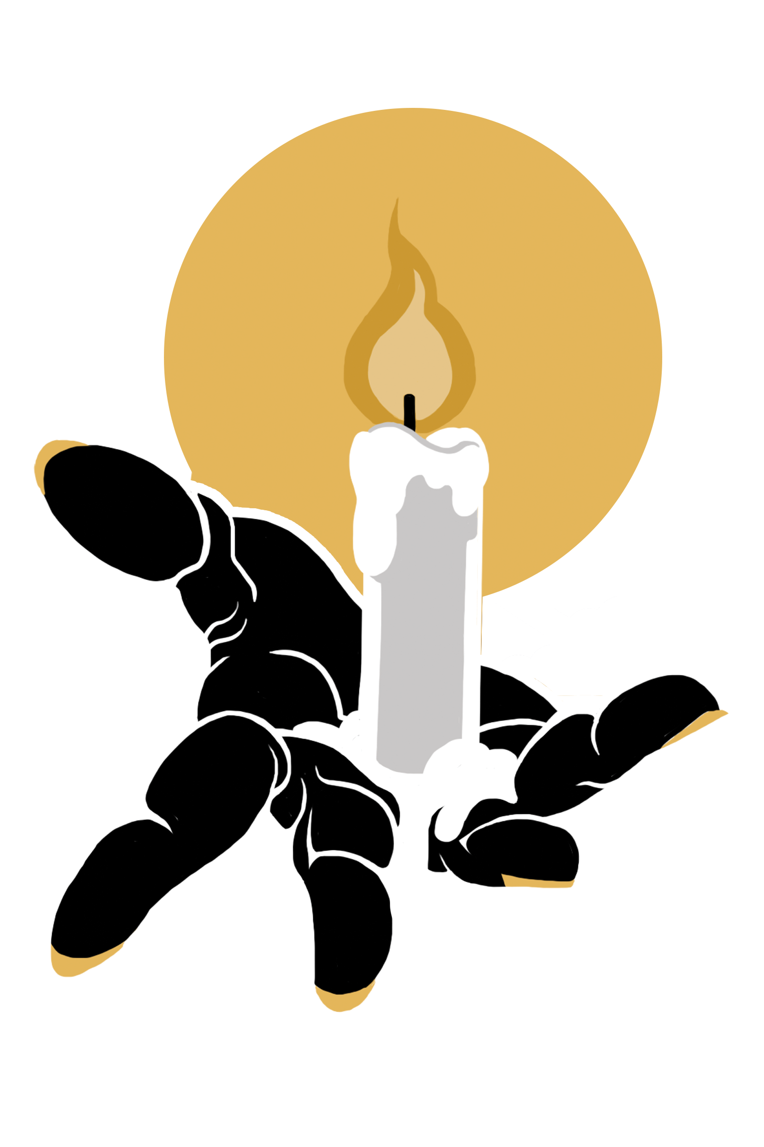 Black hands holding a lit white candle with a yellow flame, a skull and cracked eggshells nearby.