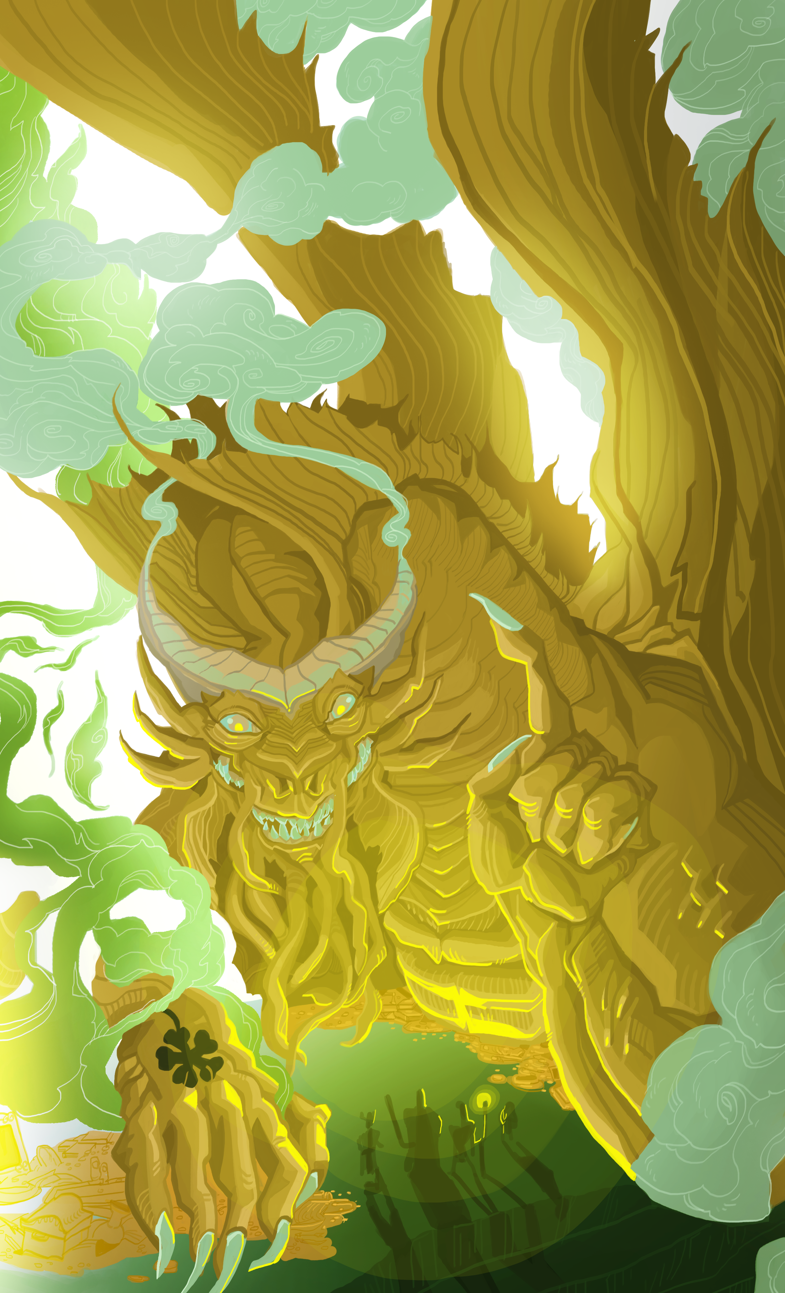 A large, mythical dragon made of twisted wood and glowing with yellow light, surrounded by swirling smoke and green leaves, standing in a stylized landscape.