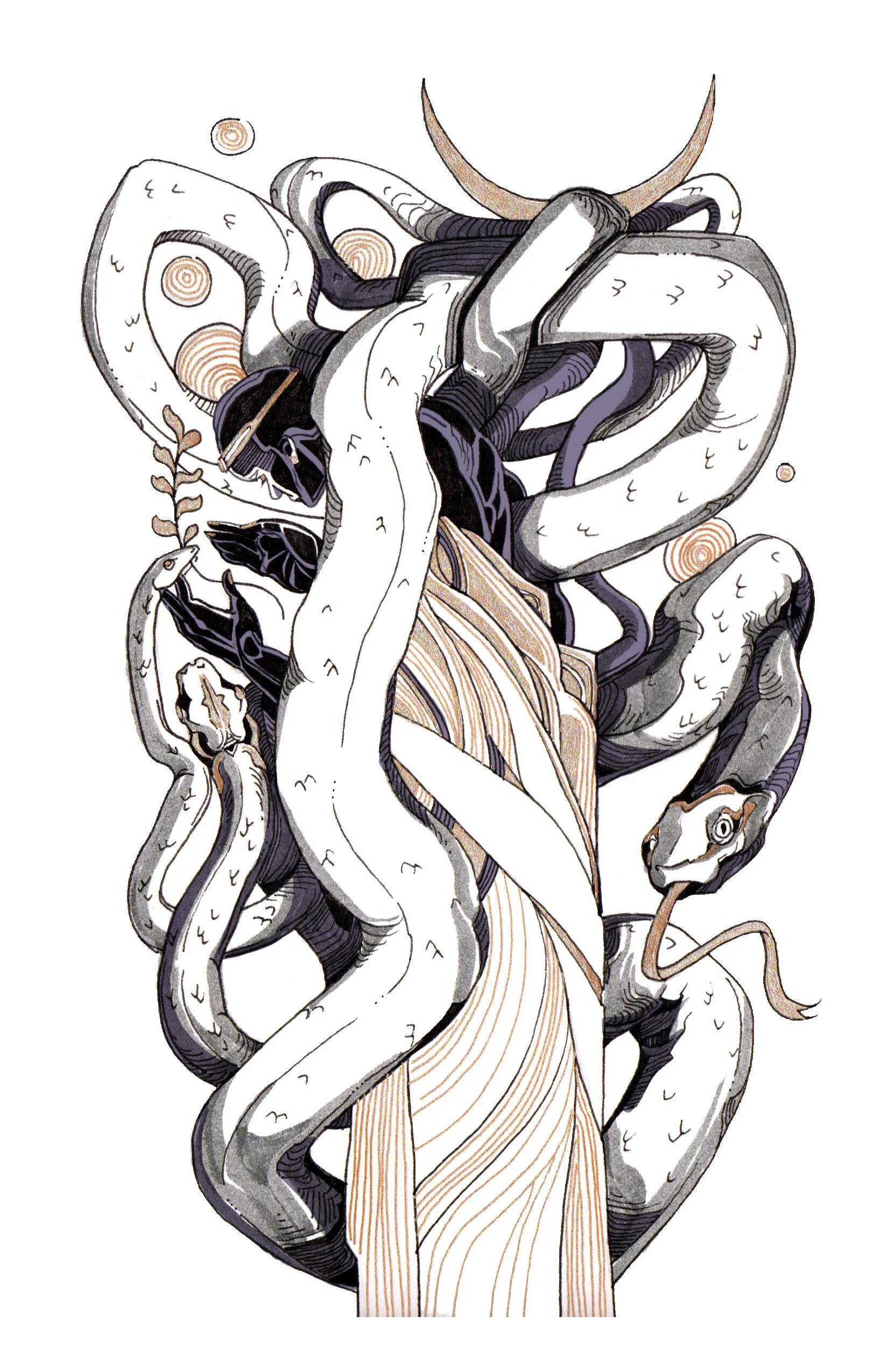 A stylized drawing of multiple intertwined snakes, some with striped or dotted patterns and one with horns, arranged in an ornamental, symmetrical composition.