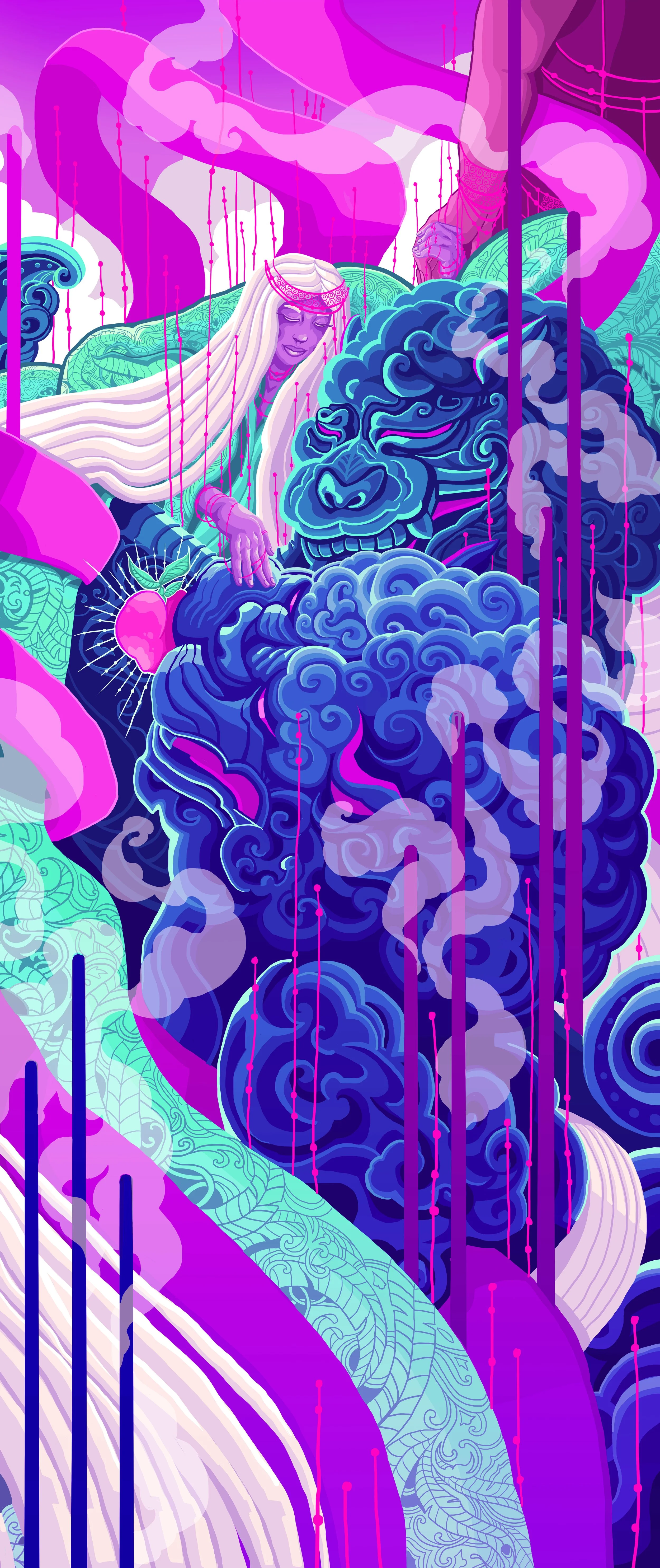 A colorful digital artwork featuring a mystical woman with long white hair and a decorative pink headband, surrounded by vibrant clouds, a blue lion's head, and flowing, ornate patterns in shades of purple, pink, and blue.