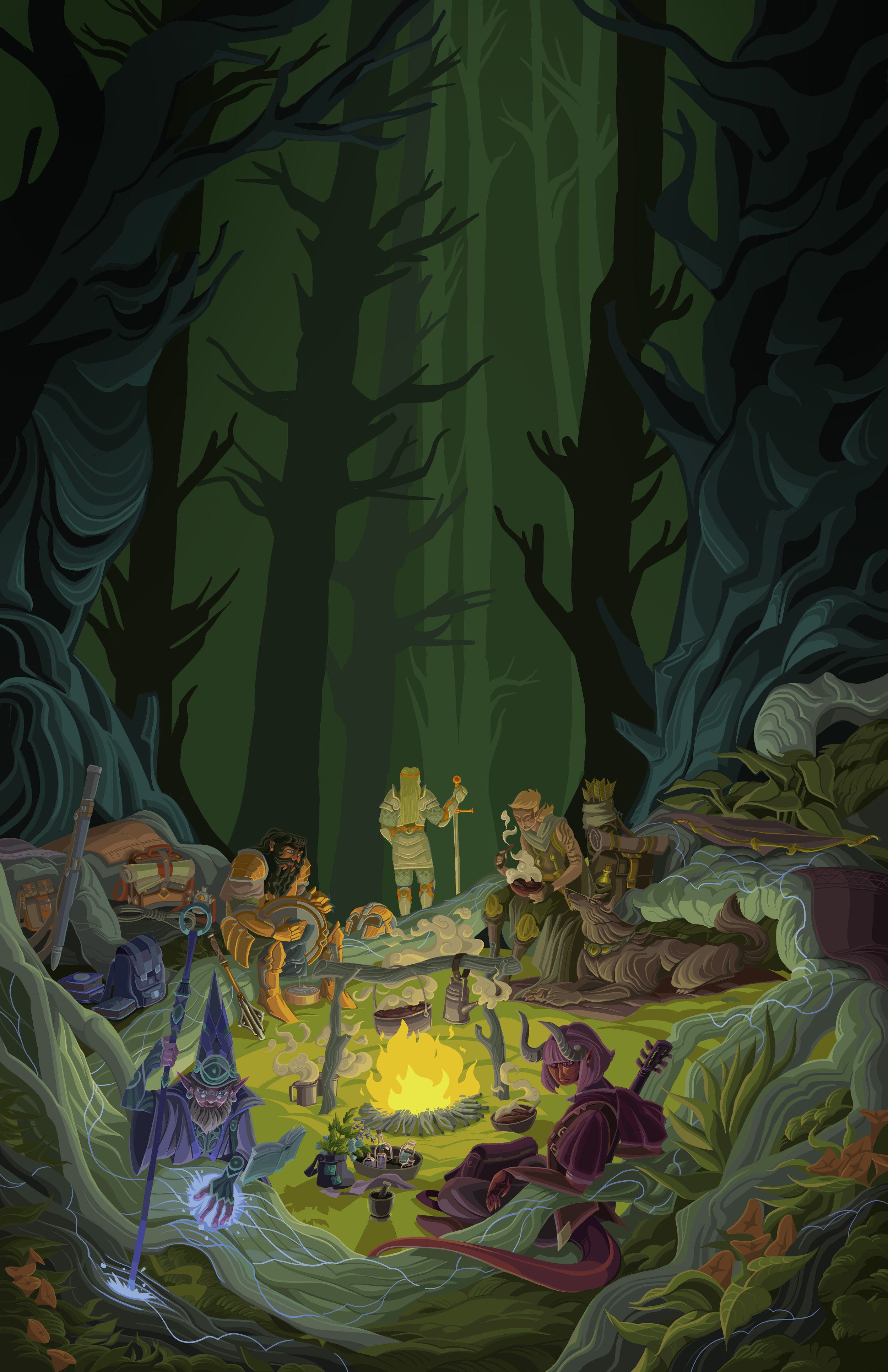 A fantasy scene of a group of adventurers resting in a dense, dark forest clearing with tall trees and twisted roots. They are surrounded by camping gear, weapons, and magical items, with a campfire in the center. The landscape features thick foliage and mystical elements, creating an adventurous and mysterious atmosphere.