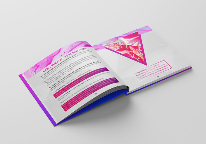 Open magazine with colorful graffiti-style artwork and inspirational text on a white background.