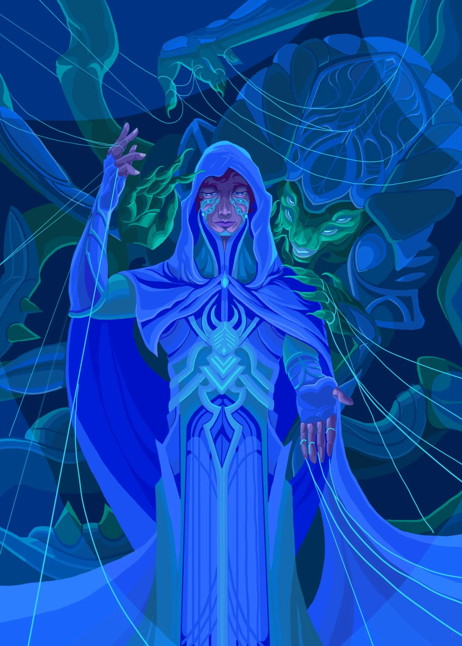 An abstract digital illustration of a futuristic, armored humanoid figure with glowing blue lines, surrounded by intricate patterns and a robotic beast in the background, all in shades of blue and green.