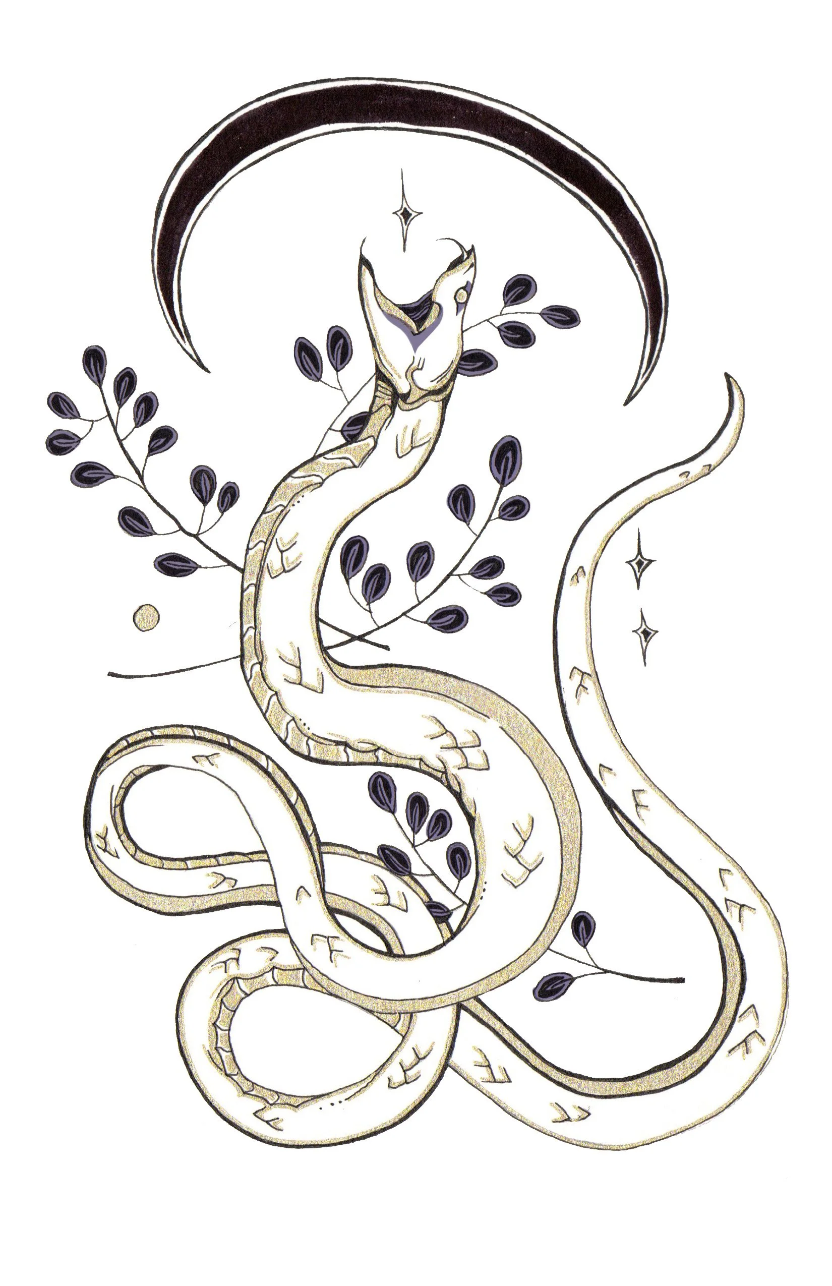 Drawing of a snake intertwined with leaves, a crescent moon, and stars, with gold and black details.