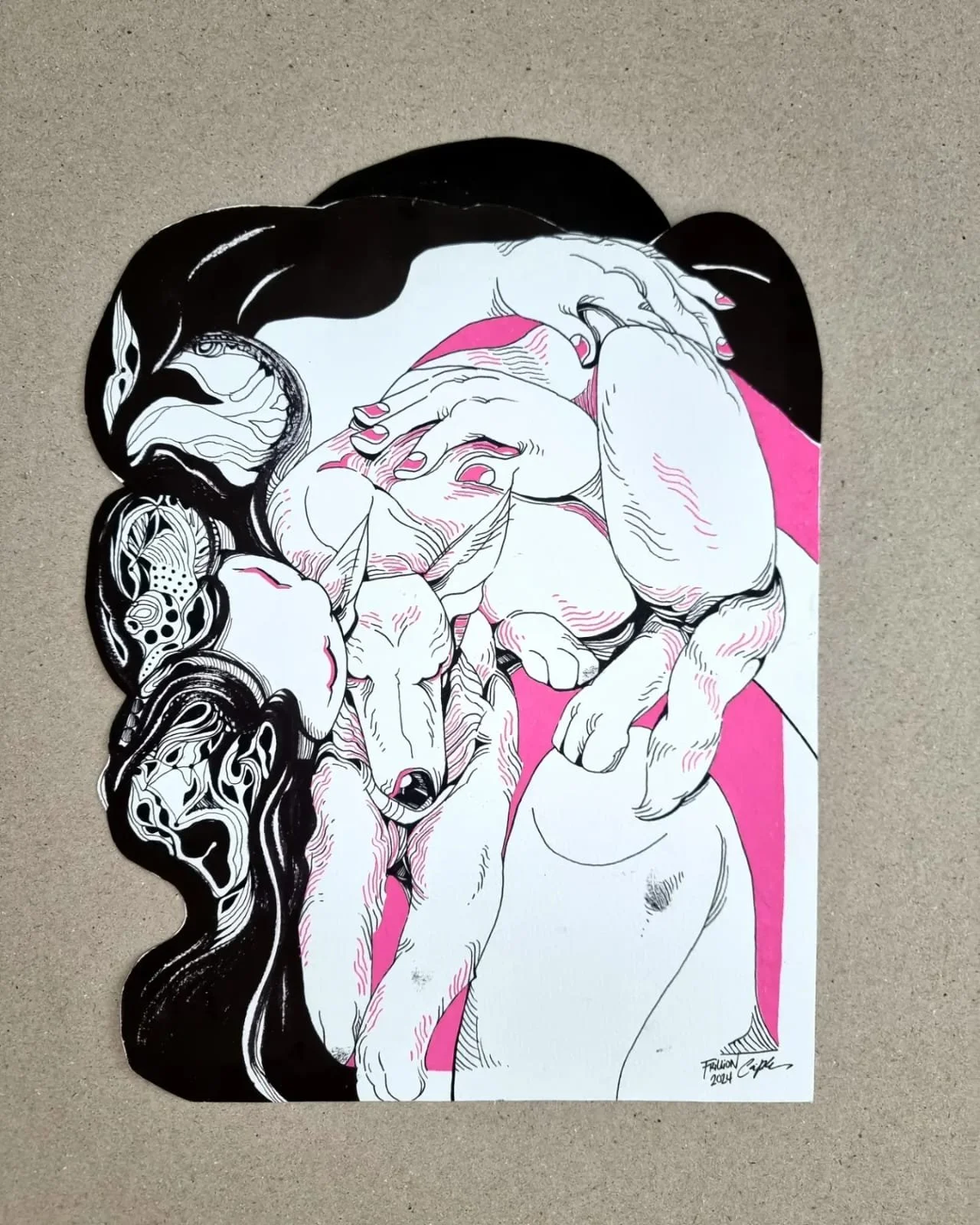 A black and white line drawing of a woman with long, curly hair, hugging and kissing a French Bulldog, with pink accents on the woman's lips and clothing, and a pink background behind the figures.