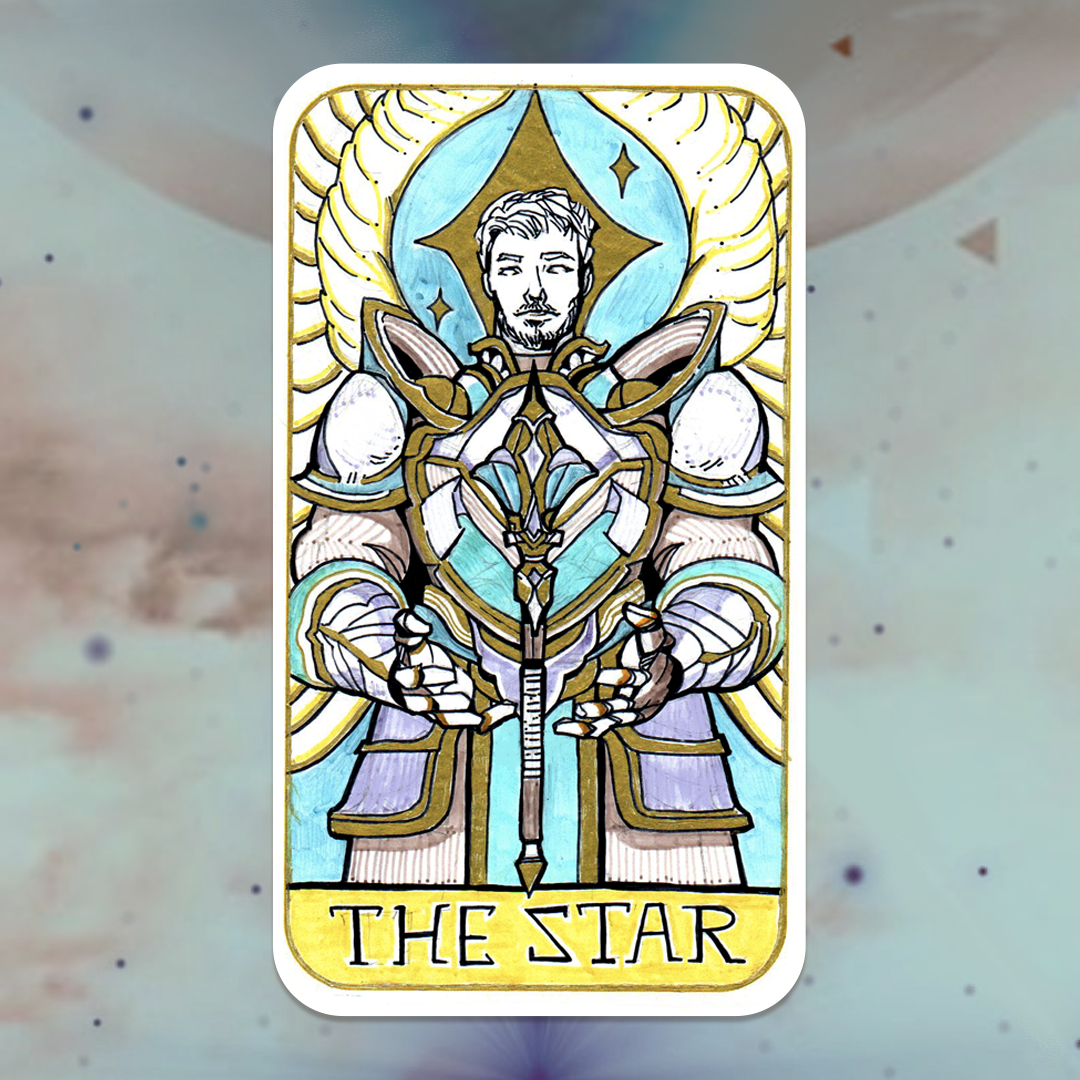 A tarot card titled "The Star" featuring a man in armor holding a sword, with a background of a star-shaped halo and celestial symbols, drawn in a colorful, stylized manner.