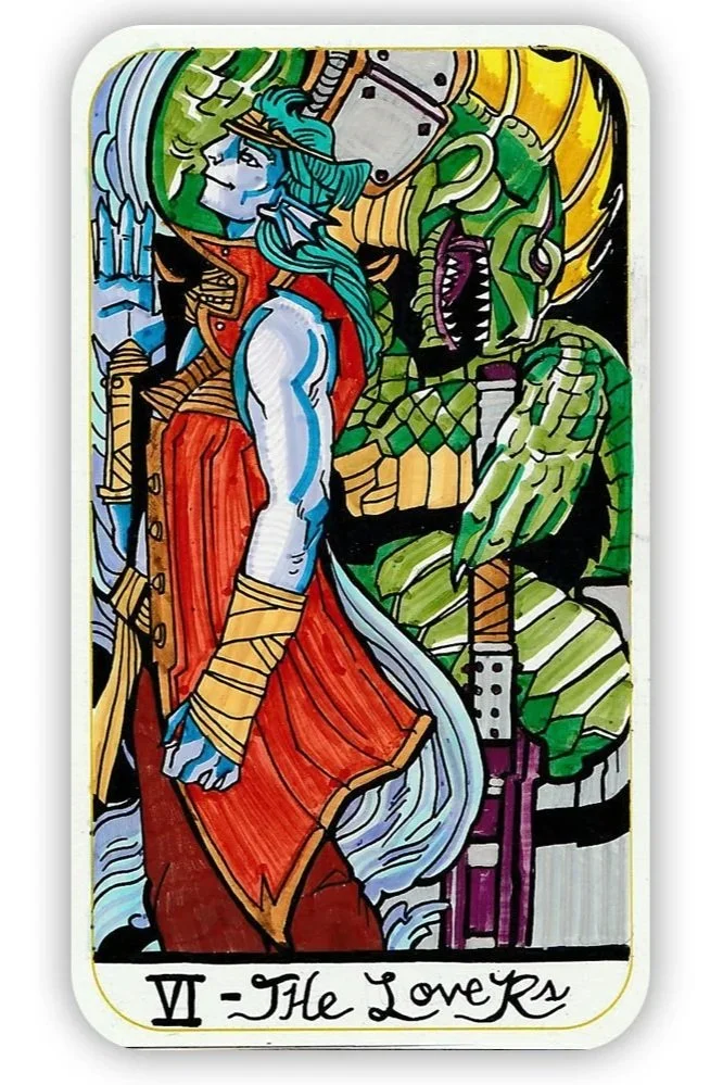 Colorful tarot card titled 'The Lovers' depicting a woman with blue hair and fantastical armor, a large dragon with green and purple scales in a fantasy style.