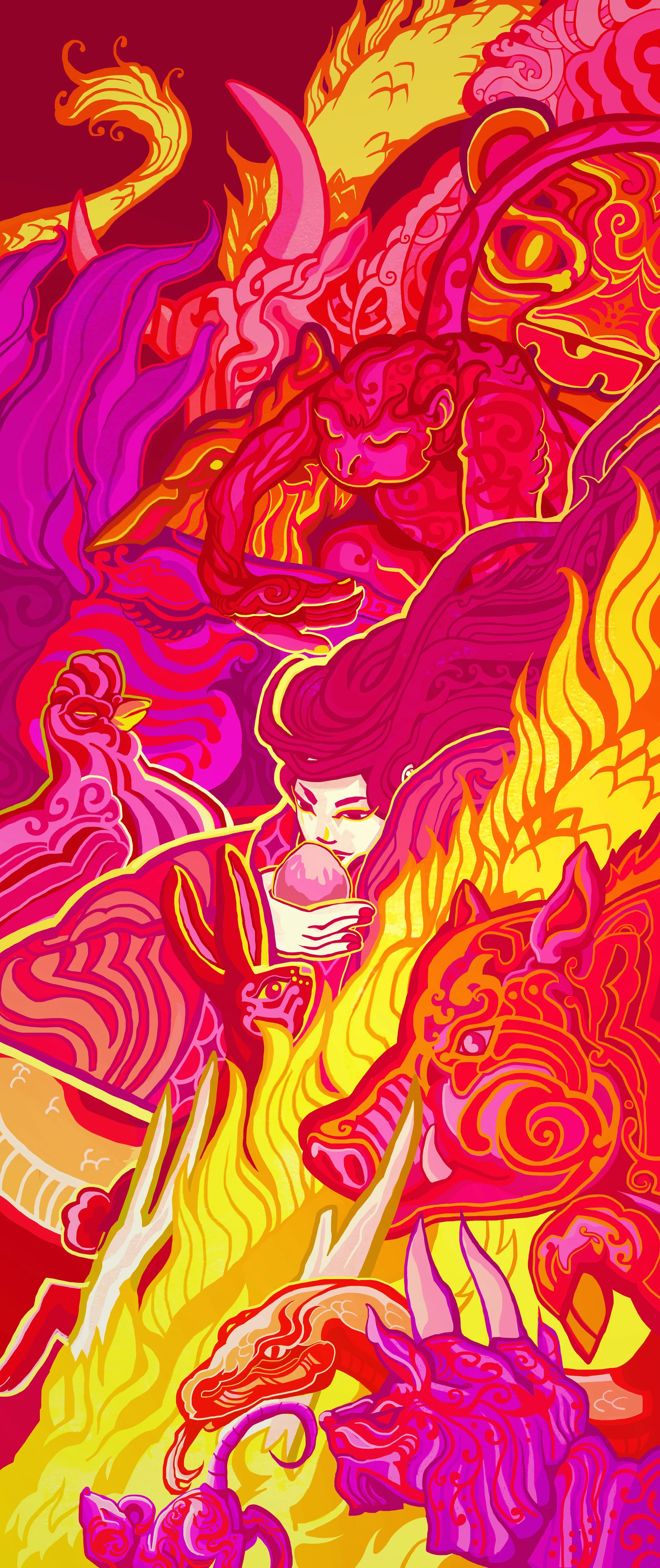 A colorful abstract artwork depicting a woman with long flowing hair, surrounded by flames, dragons, and mystical creatures in shades of pink, red, yellow, and purple.