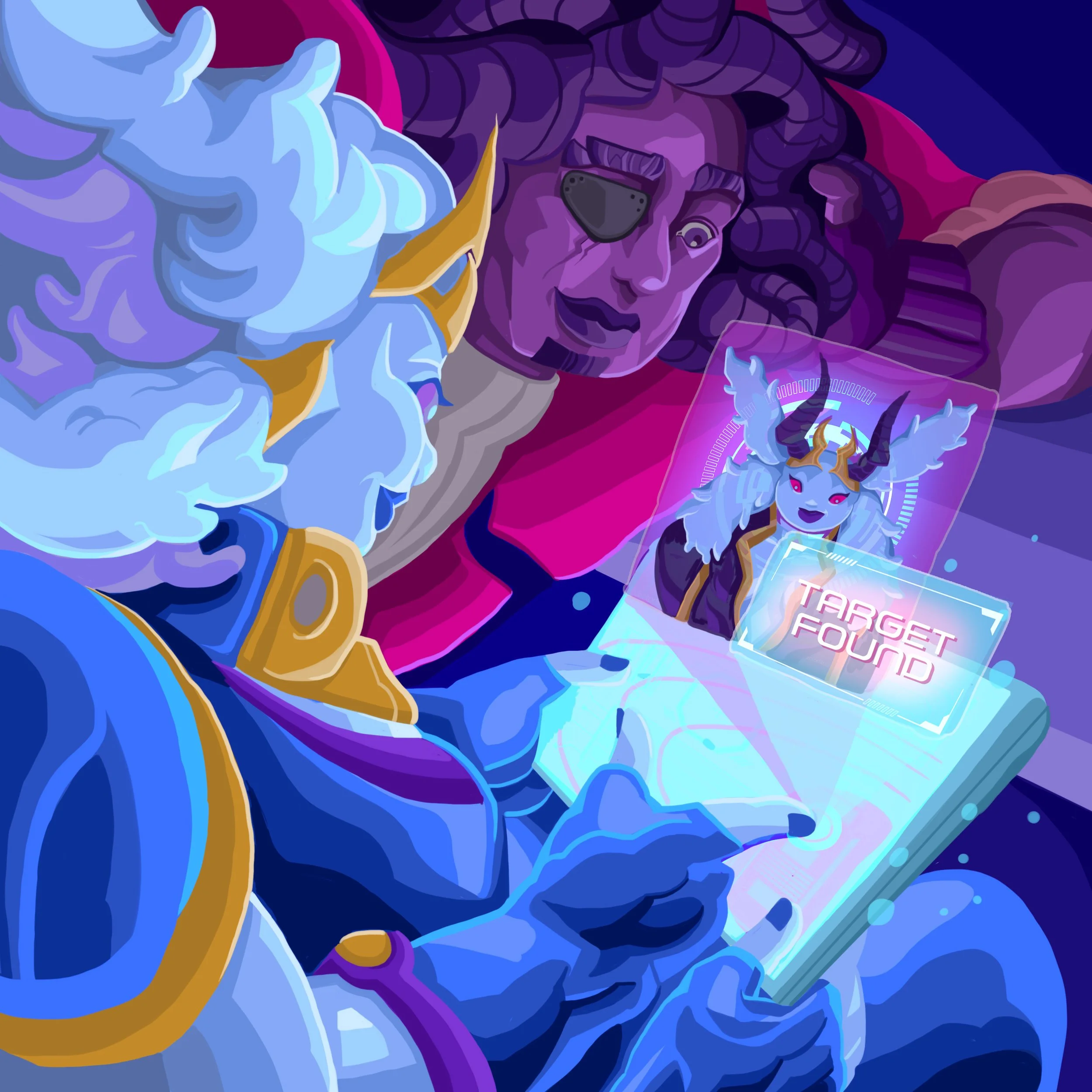 A digital illustration of a female character with purple skin and wavy dark purple hair, wearing an eye patch over her left eye, and a black and purple outfit. She is looking at a digital hologram that displays the words 'TARGET FOUND' and a small robotic dragon with white and gold wheels resting on her hand. The background has a vibrant mix of pink, purple, and blue colors.