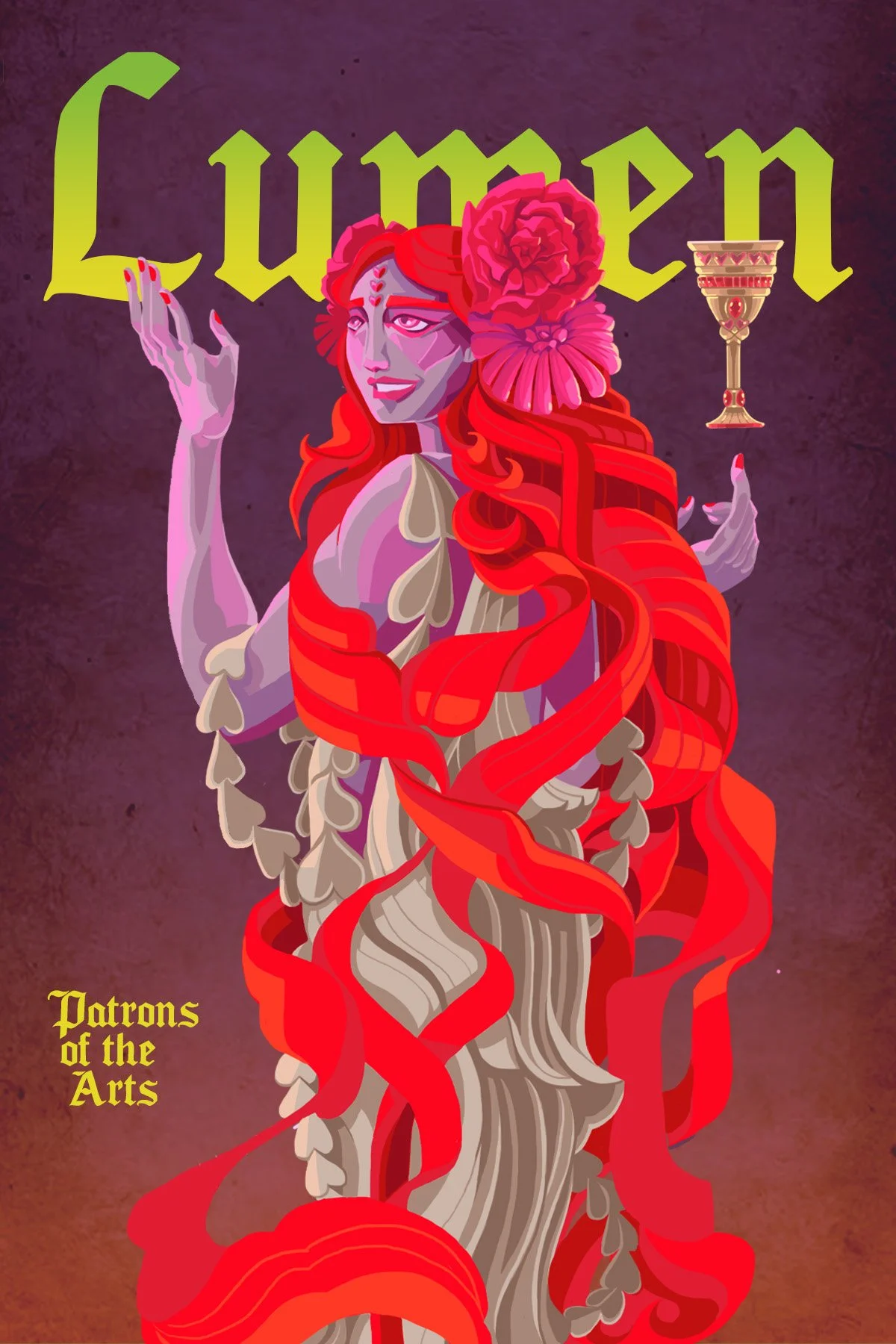 Illustration of a woman with long red hair adorned with large pink and red flowers, holding a golden chalice, with the word 'Lupen' in green gothic font above her and 'Patrons of the Arts' in yellow gothic font at the bottom left corner.