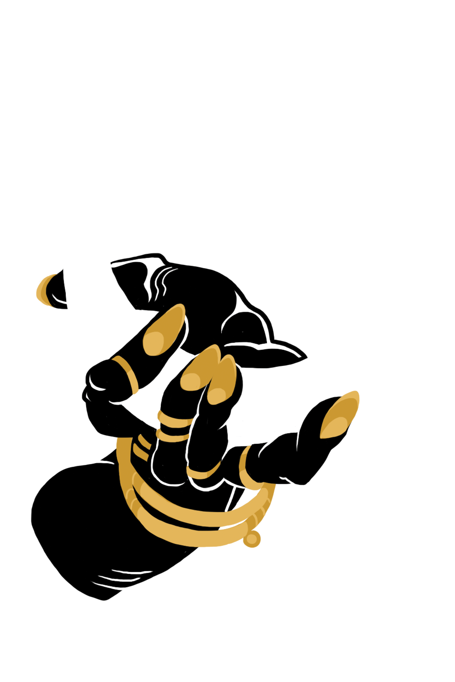 Silhouette of a hand holding a white face mask decorated with black and gold bee designs, with a black background.