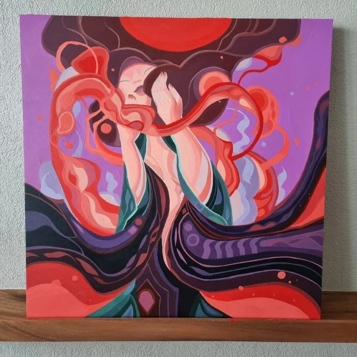 An abstract painting of a woman with long dark hair, covering her face with her hands, surrounded by vibrant swirling red, purple, green, and black colors.