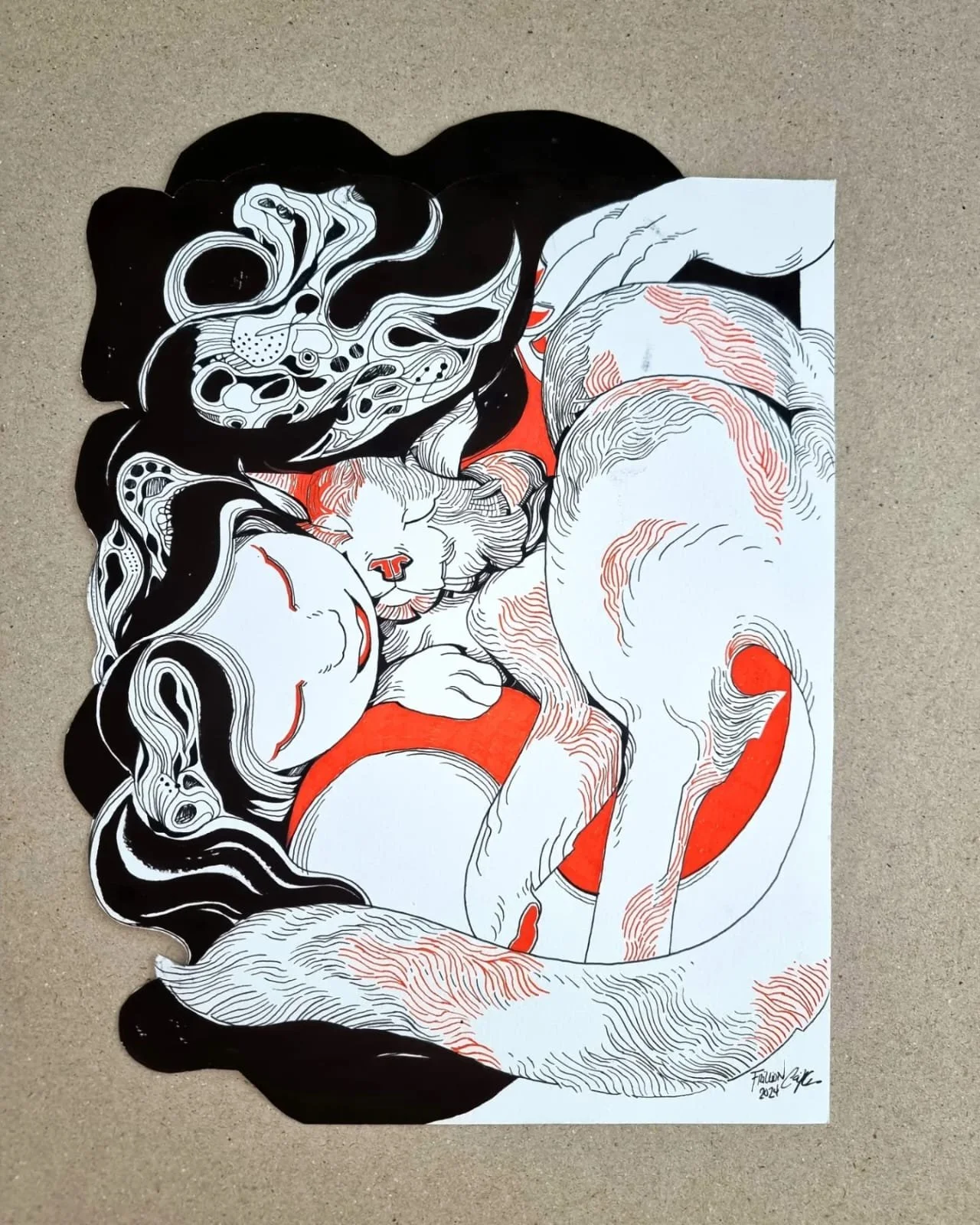 Black and white artwork of a woman with long flowing hair, one with closed eyes and the other with eyes open, embracing a sleeping kitten with a fiery orange background.