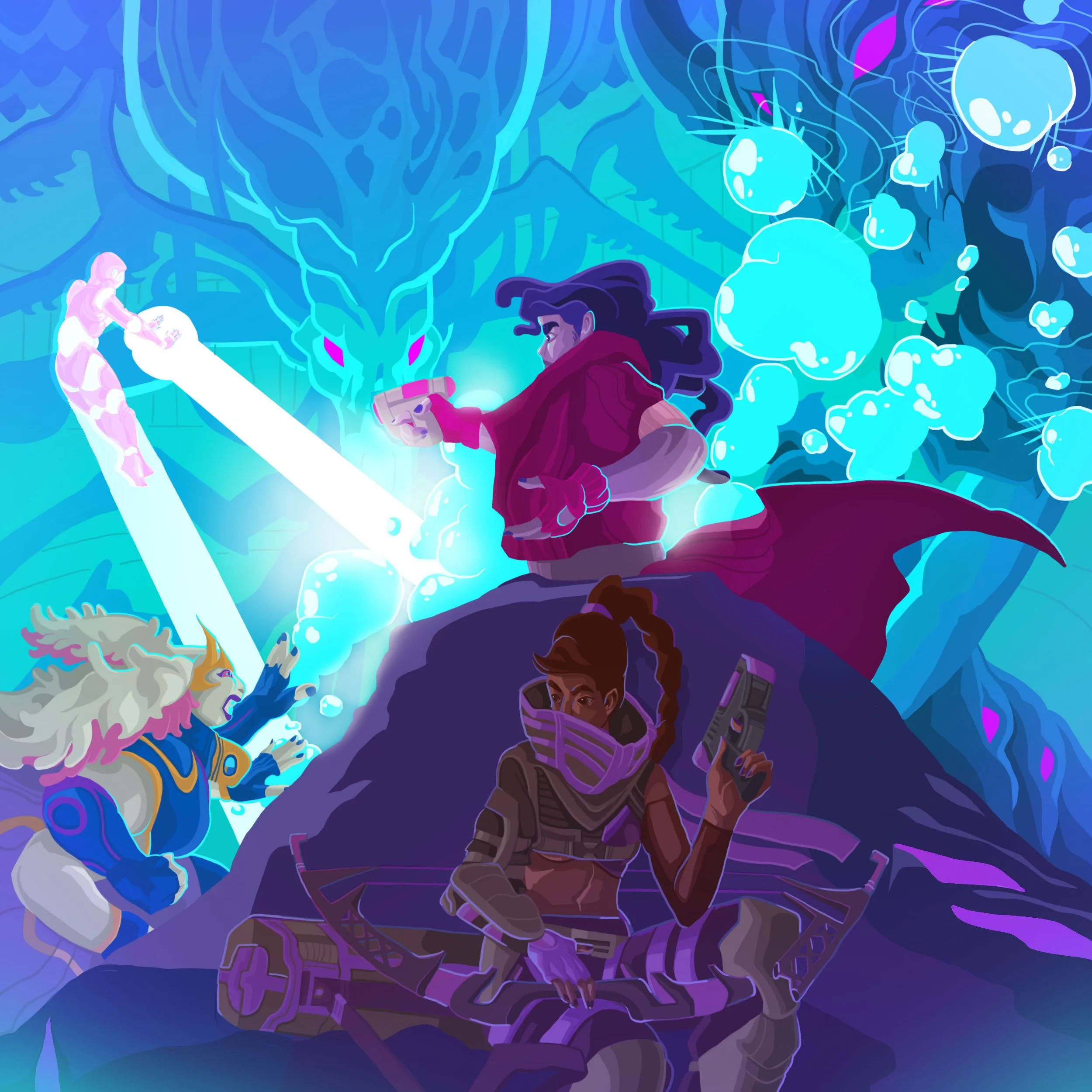 A digital illustration of a young man with dark hair, wearing a red jacket, holding a smartphone, and standing in front of a glowing blue dragon with pink eyes and a lion-like creature with a rainbow mane and glowing blue eyes. The background is filled with blue and purple abstract shapes and glowing spheres.