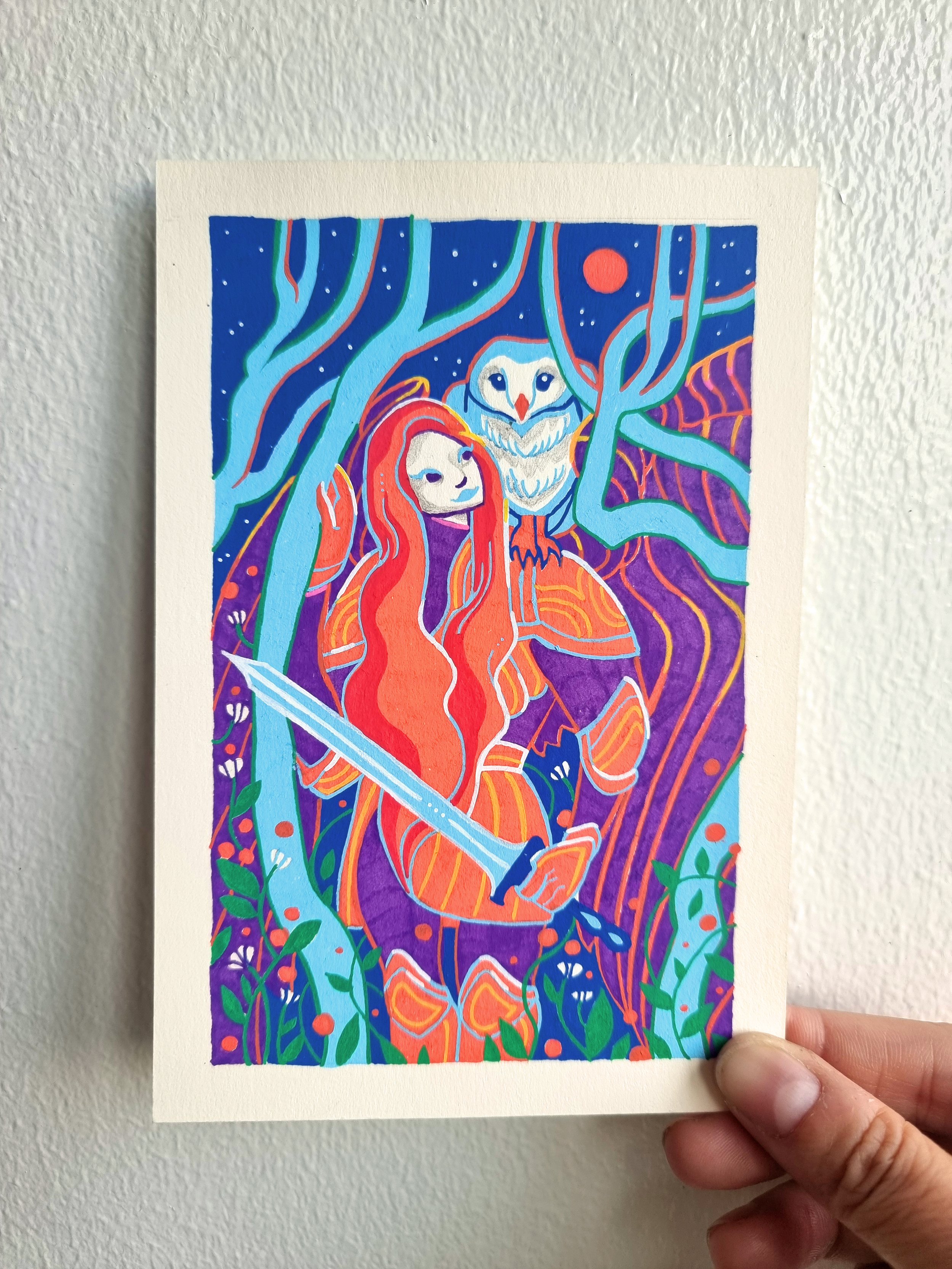 Colorful illustrated artwork of an owl perched on a person's shoulder in a vibrant, abstract forest scene at night with a red moon.