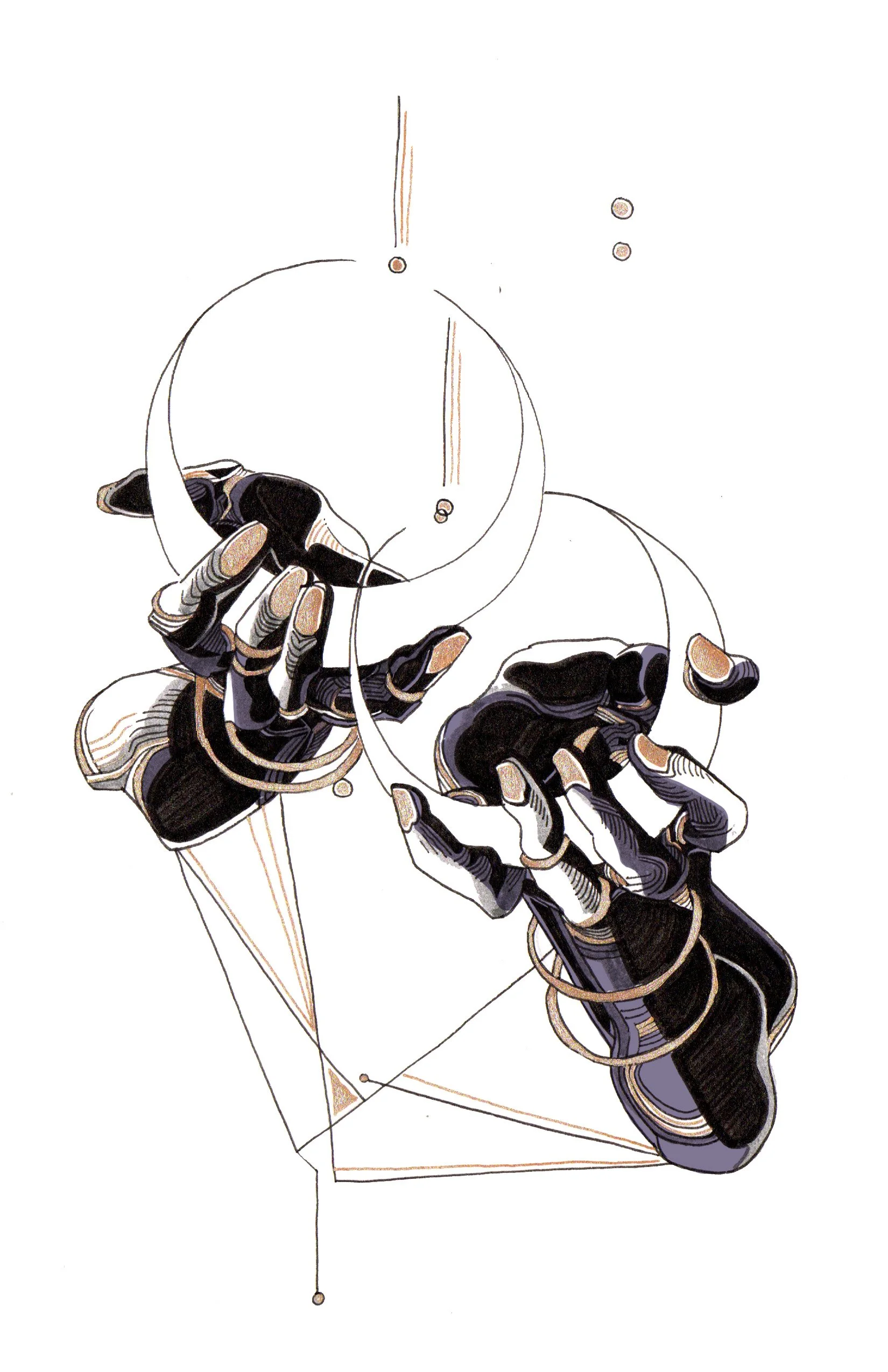 A person with intricately designed black and tan gloves adjusts a brass circular object. The drawing style uses fine lines with varied shading, depicting detailed textures and contours.