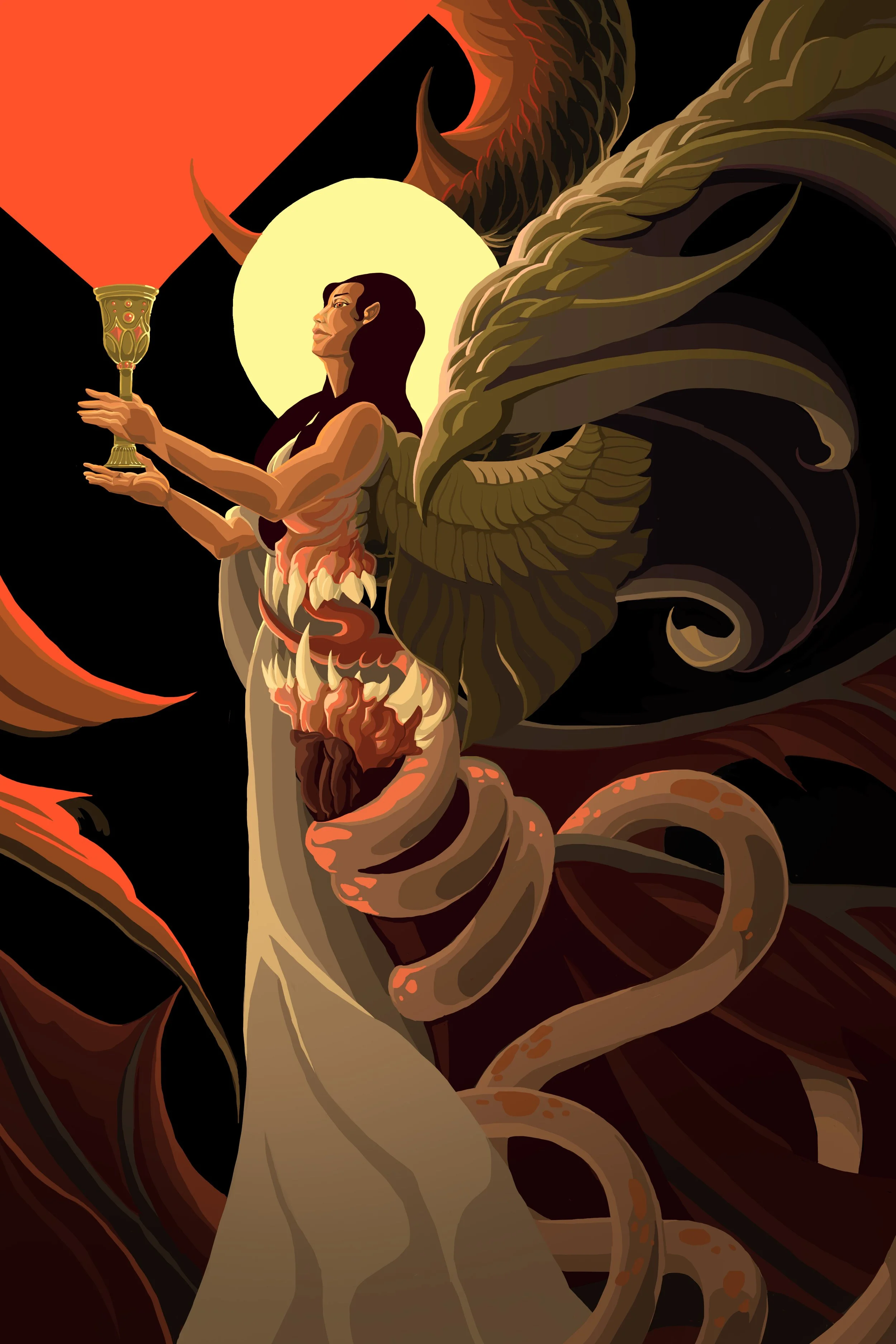 A stylized depiction of a mythological creature with the upper body of a woman holding a chalice, and the lower body of a large, coiled serpent or dragon with wings, set against a dark background with a large yellow moon.