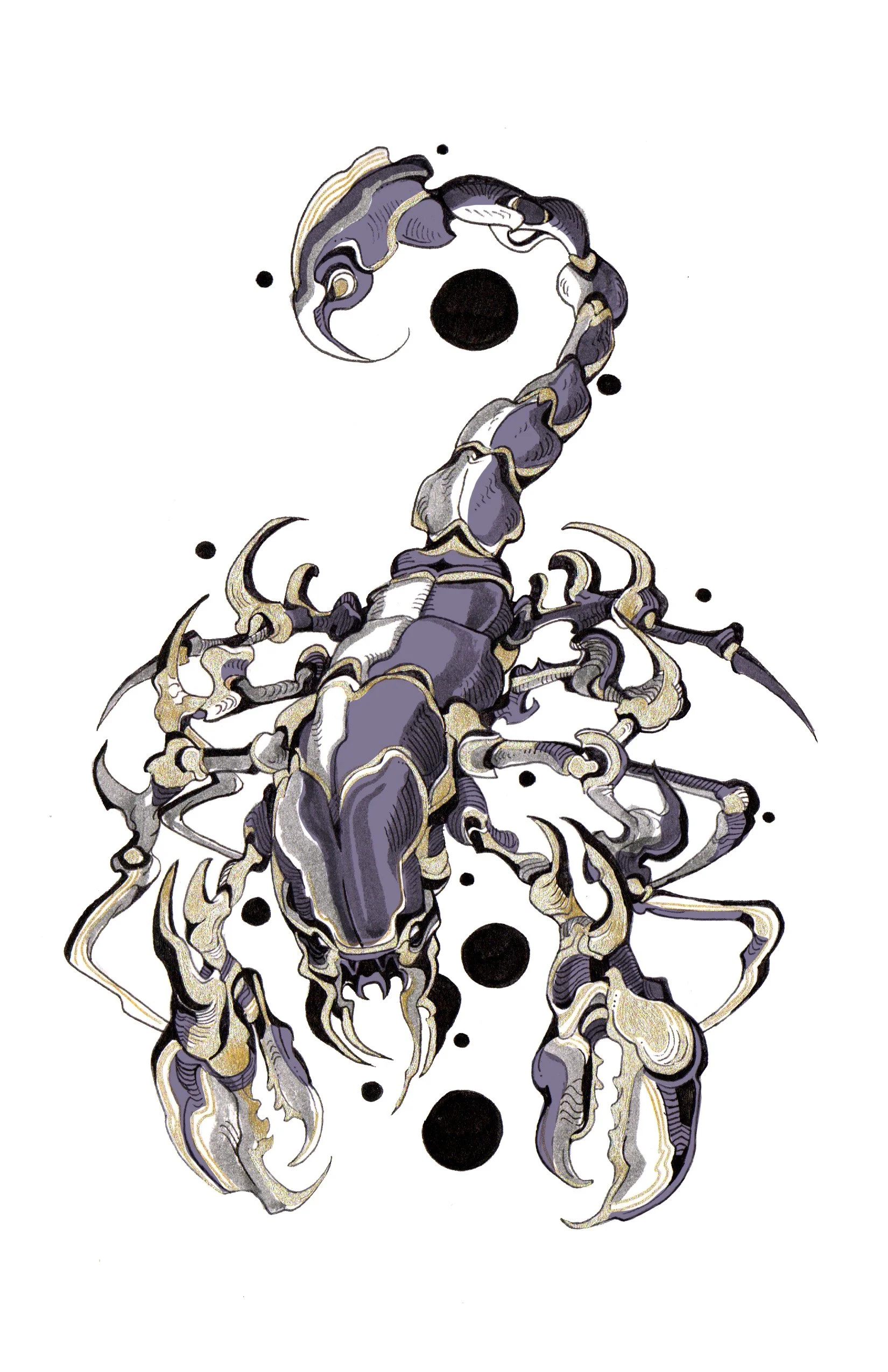 Illustration of a beetle with an abstract, artistic design in shades of black, white, and beige, featuring circular black spots surrounding it.
