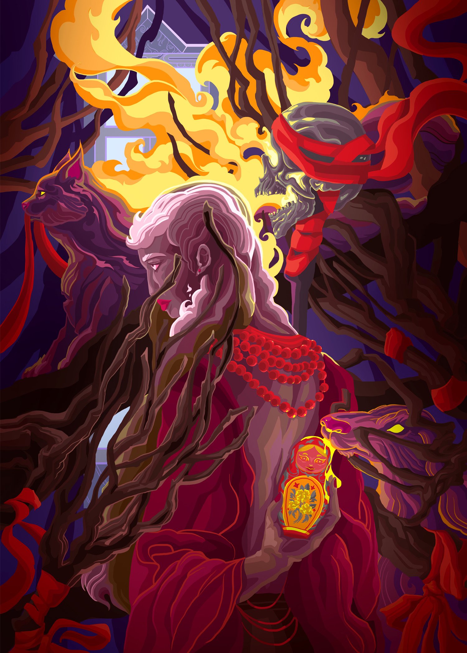 Illustration of a woman with long flowing hair, red dress, and beaded necklace in front of a dark background with tree-like branches, flames, and a skull wearing a red scarf.