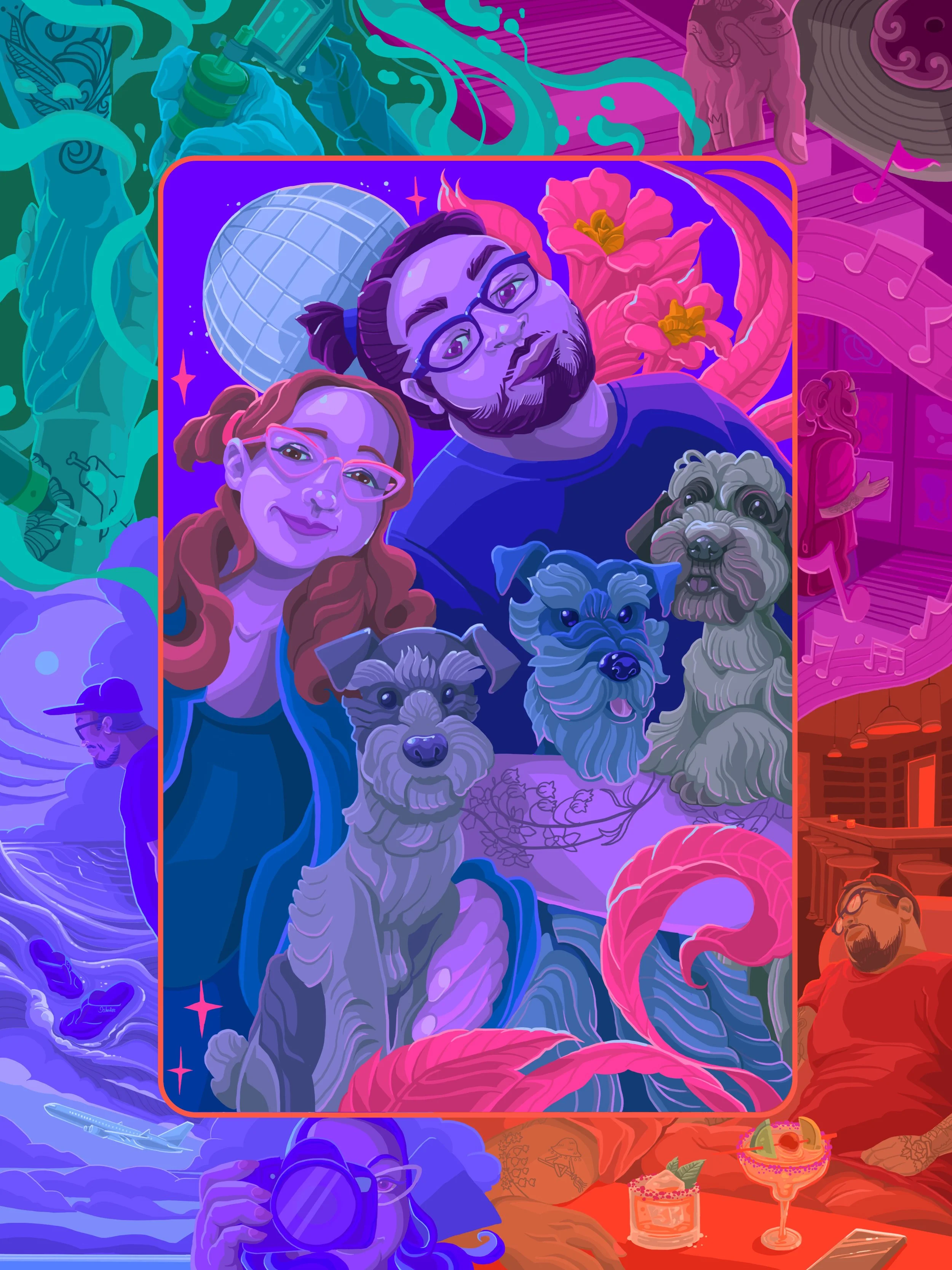 A colorful digital illustration of a lively scene with various characters and objects. In the center, a man with glasses and a woman with red hair and glasses are taking a selfie with two dogs, one small and one large, surrounded by pink flamingos and flowers. The background features elements like a globe, an airplane, a shark, a person playing a guitar, and various abstract shapes, creating a vibrant and playful atmosphere.