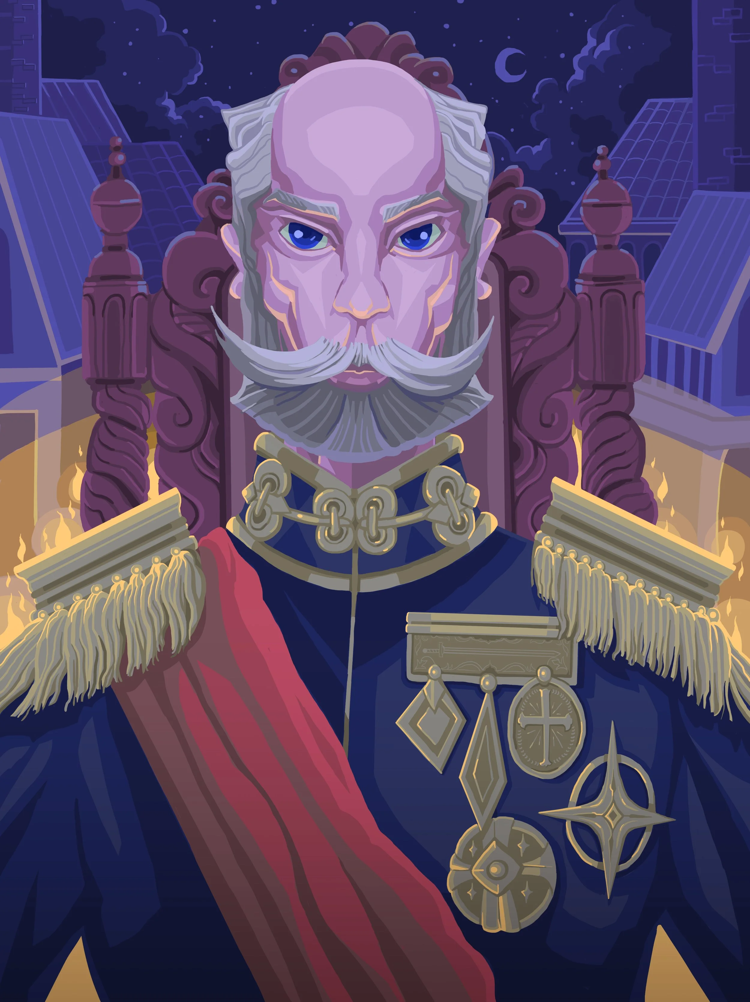 A digital illustration of a regal figure on a throne, with a serious expression, glowing blue eyes, a large mustache, and a beard. The figure has an elaborate outfit with gold ornaments, chains, and a red sash, set against a night sky with clouds, stars, and a crescent moon.