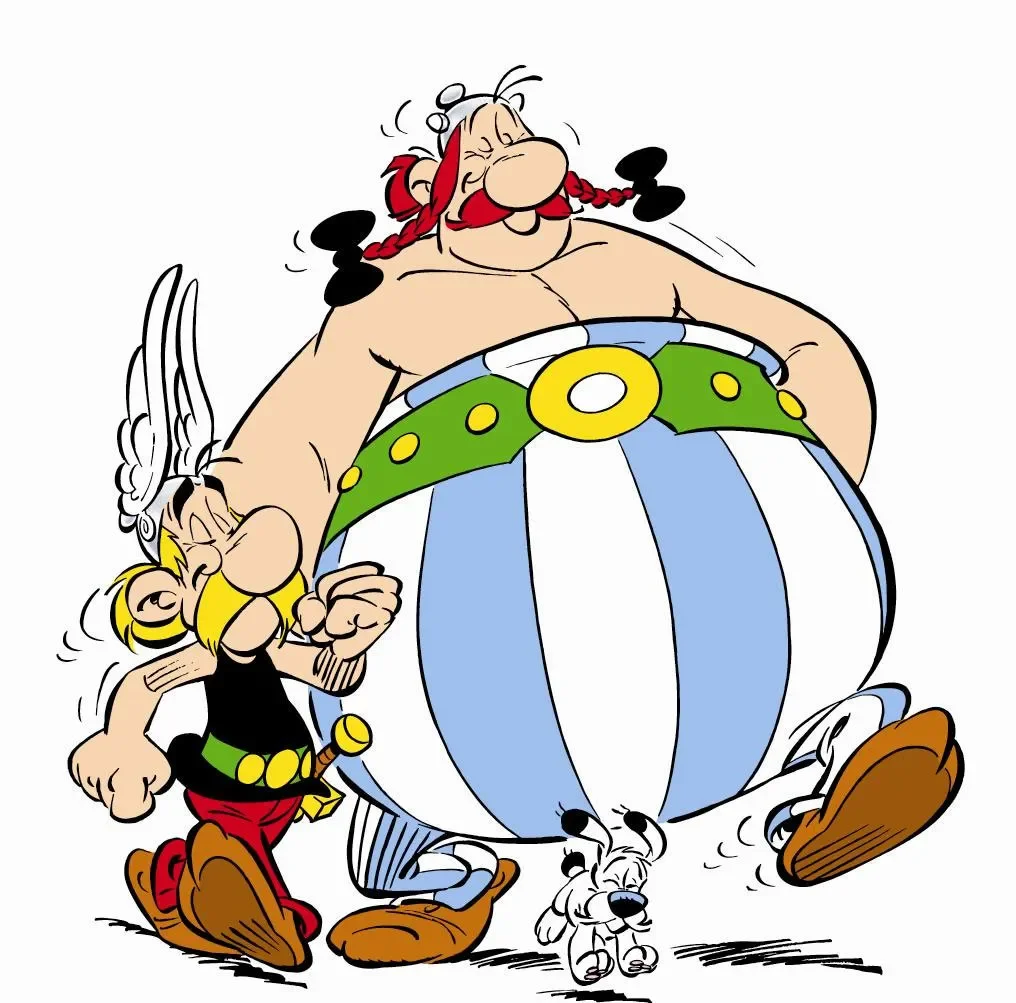 Cartoon of Vikings Thor and Odin, with a small dog, celebrating and walking with a large, decorated globe.
