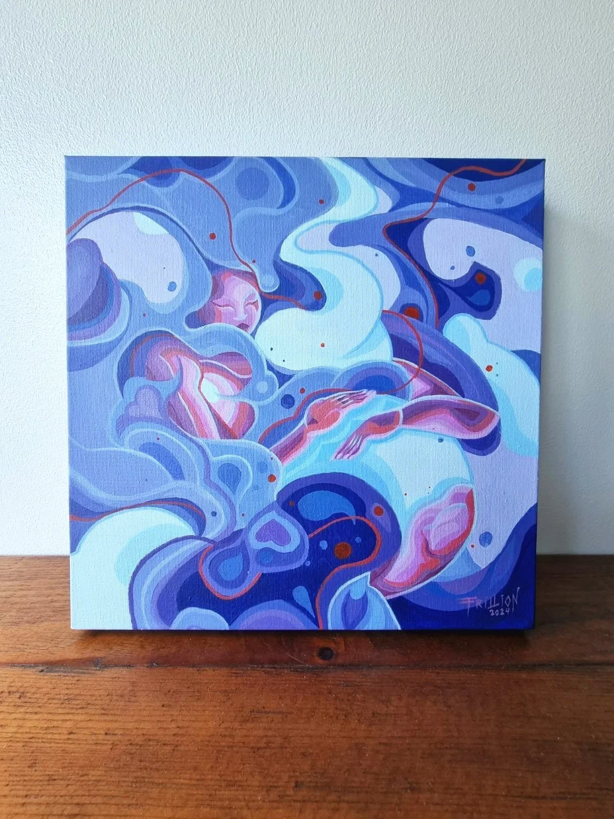 Abstract painting with blue, pink, and white swirling shapes and red accents, signed "FALLION 2021".