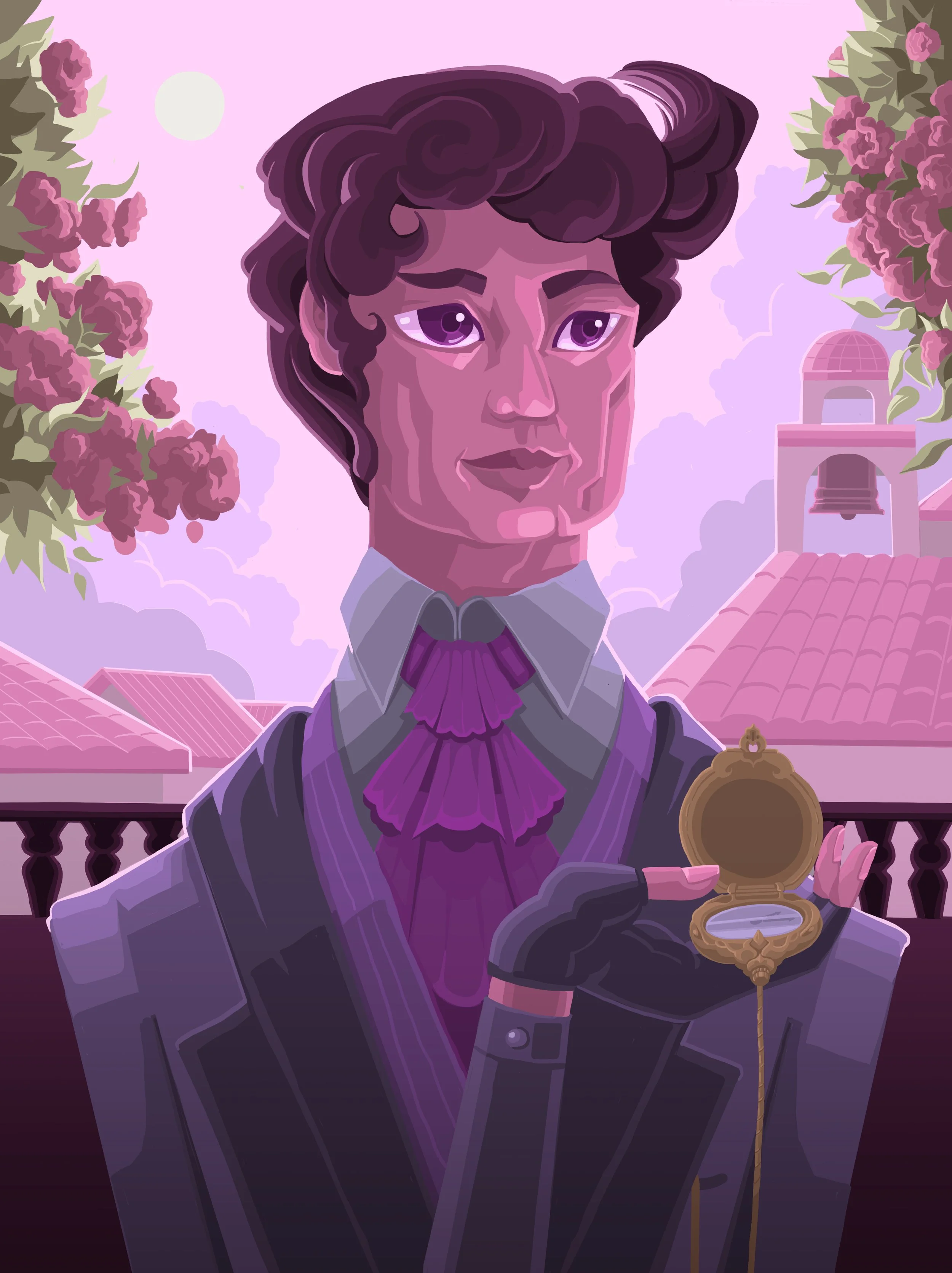 A stylized digital illustration of a woman with dark, wavy hair holding an open pocket watch, standing outdoors under a cloudy sky with pink rooftops and blooming pink flowers in the background.