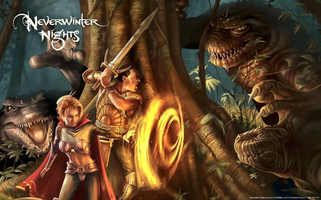 Two adventurers, a woman with red hair and a man armed with a sword, face a large, snake-like creature with multiple heads in a dark, dense forest.