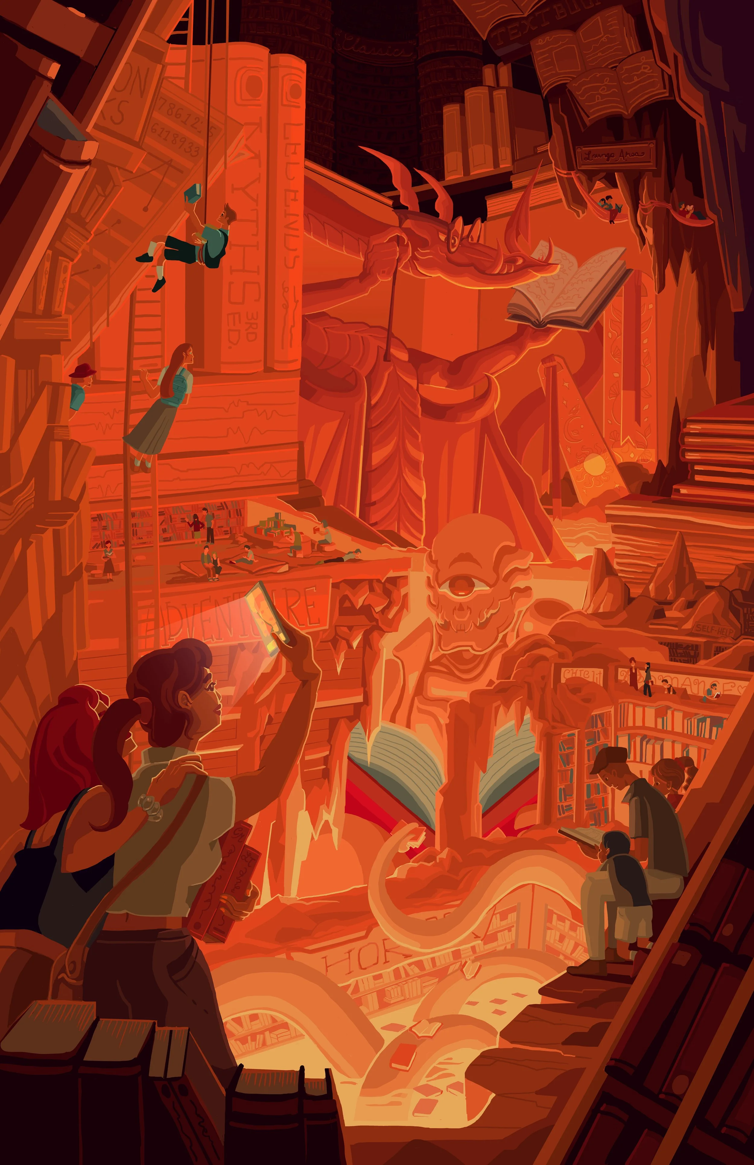 A vibrant digital illustration of a fantasy library that extends infinitely in all directions, with floating books, ladders, a large open book, a dragon, and people exploring the space, with a fiery, glowing color scheme and surreal elements.