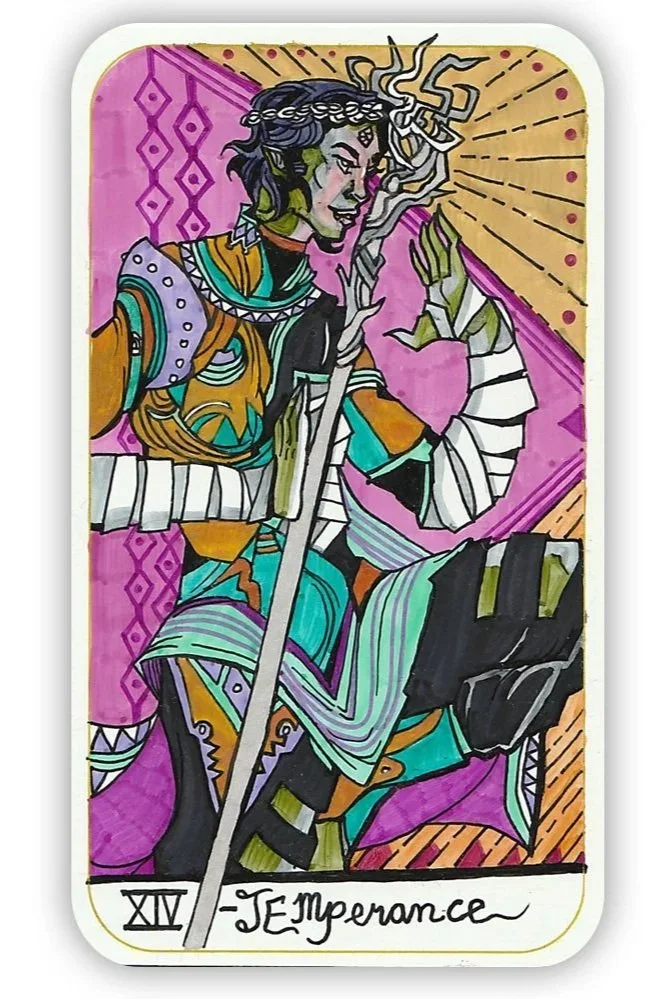 Colorful illustration of a person in a seated pose, holding a staff with smoke or vapor rising from it. The background features a purple and yellow design. The card is labeled "XIV Temperance" at the bottom.
