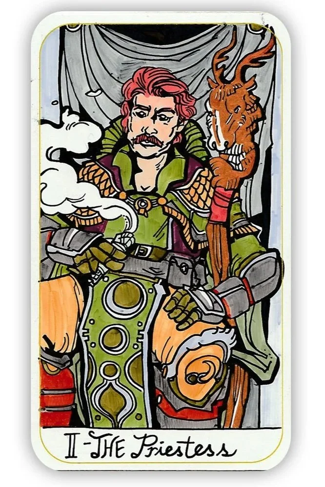 Illustration of a man dressed as a priestess, in fantasy armor, holding a staff with a dragon head, with cloud and curtain background.