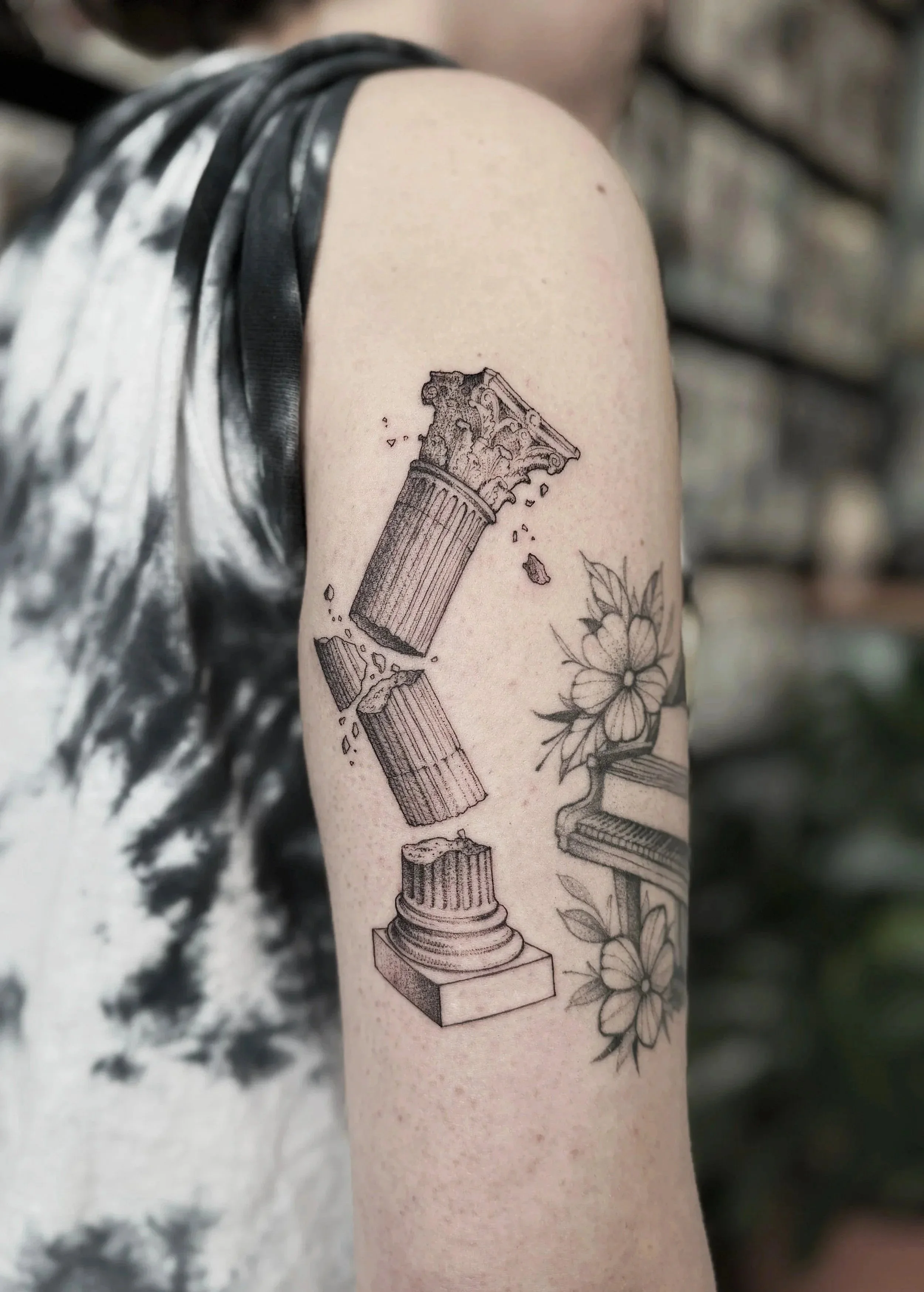 fine line, micro realism, Greek column tattoo in Lexington Kentucky