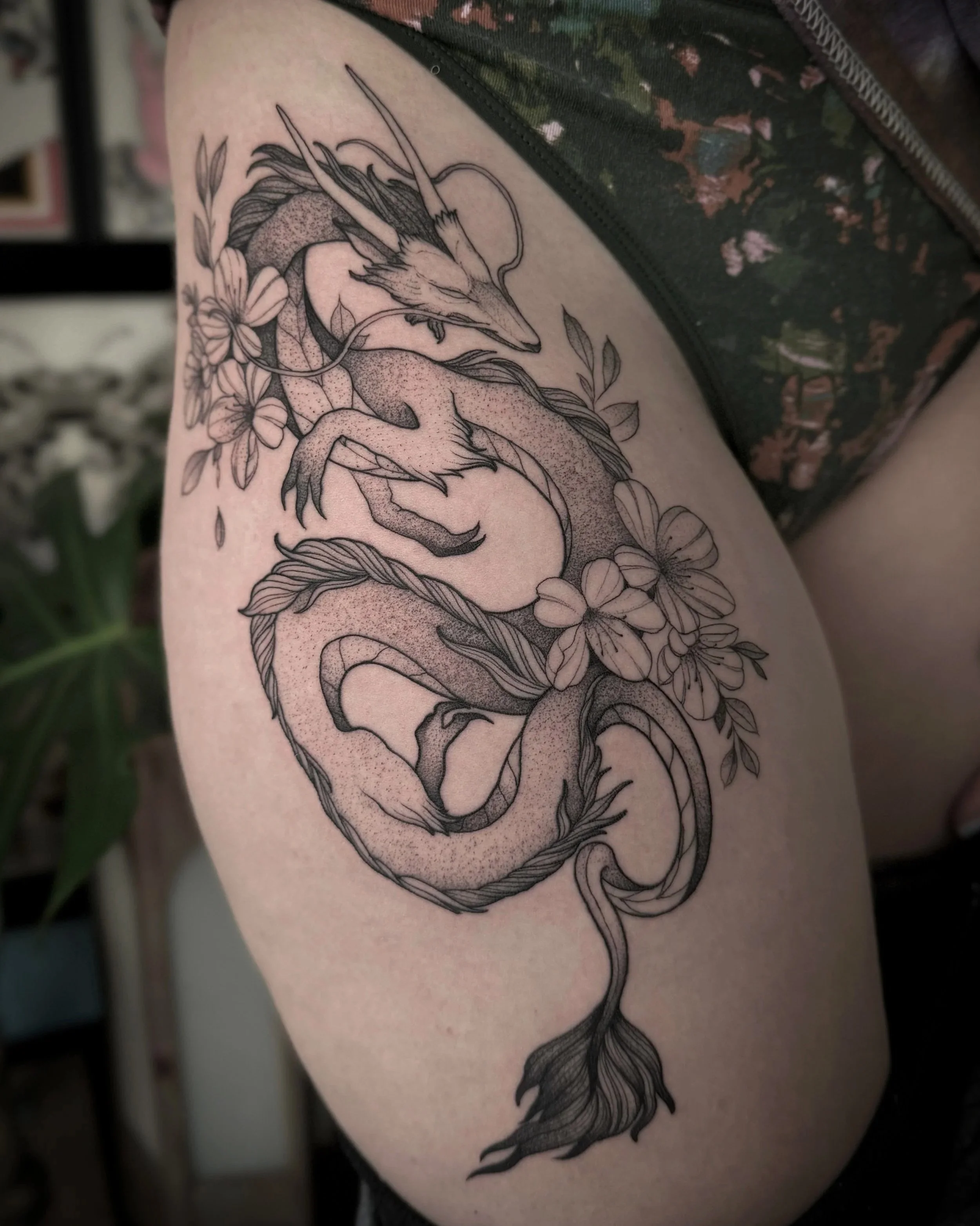 Dragon tattoos, Haku tattoos, fine line floral tattoos in Lexington Kentucky