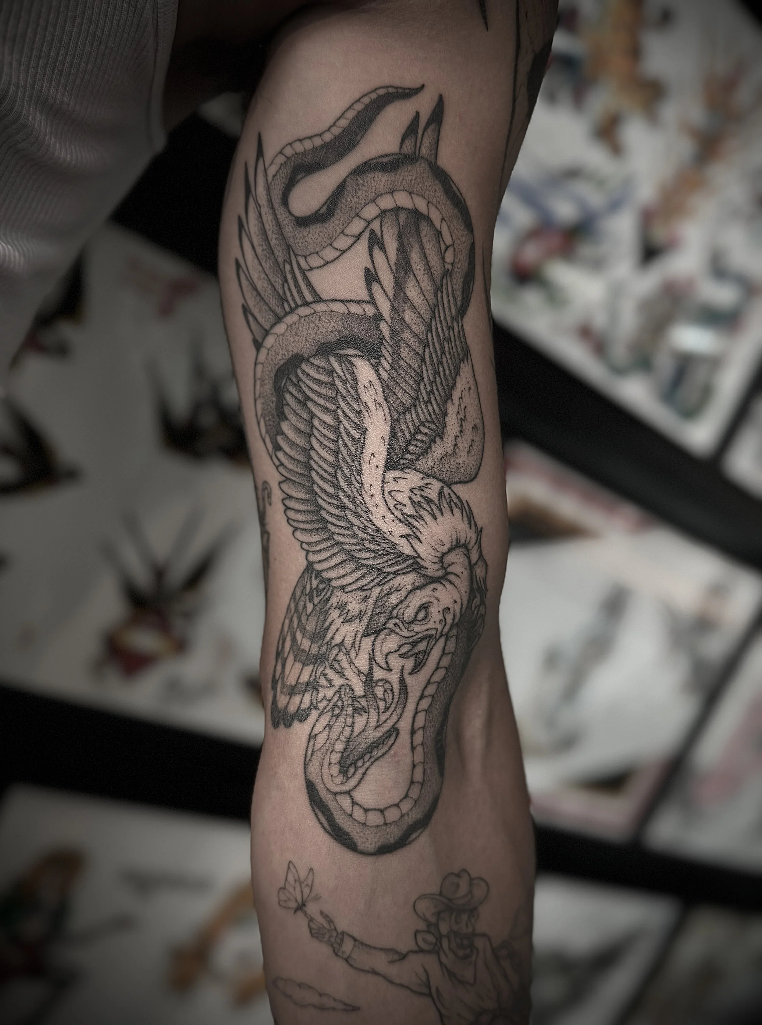 Vulture and snake tattoo, traditional tattoo, illustrative tattoo in Lexington Kentucky