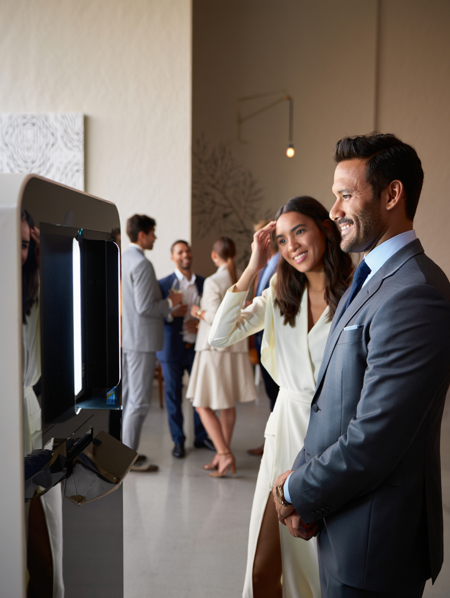 A group of well-dressed people at a social event, with one man using a photo booth and others chatting in the background.